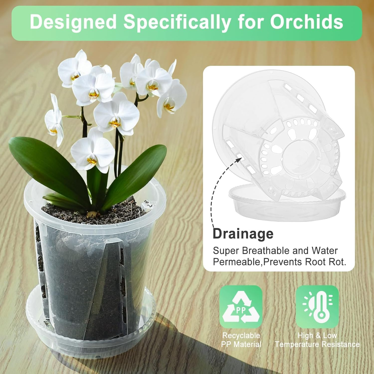 6 Pcs Clear Orchid Pots with Holes & Saucers - Breathable Slotted Planters for Orchids, Succulents, Houseplants Durable Decorative Flower Pot with Drainage Tray image number 2