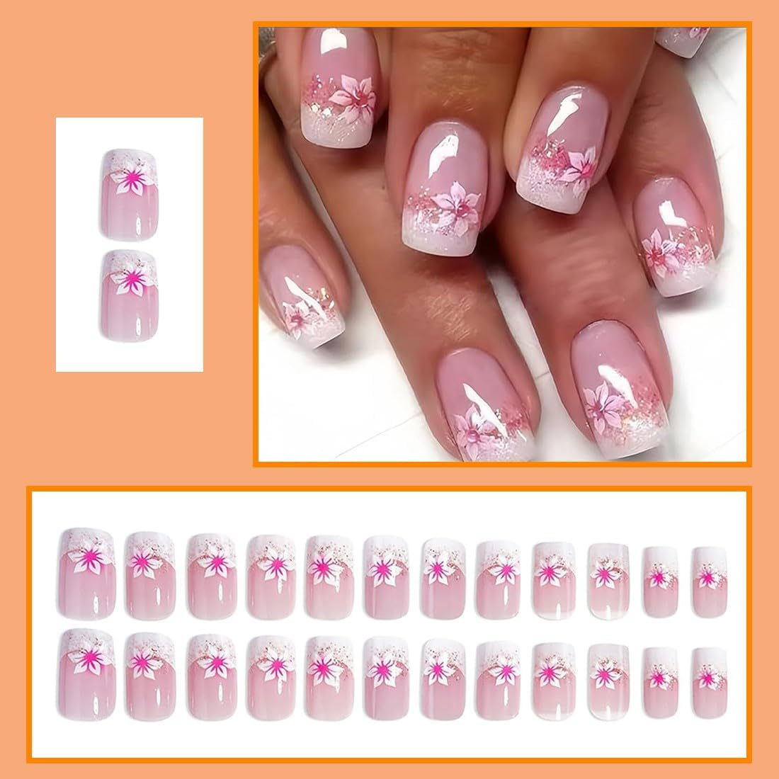 JEYORZY Press on Nails Short Square Chrome False Nails with Design French Acrylic Nails Shiny Reusable Press on Nails Chrome Faux Nails Square French Artificial Nails for Women Pack of 24