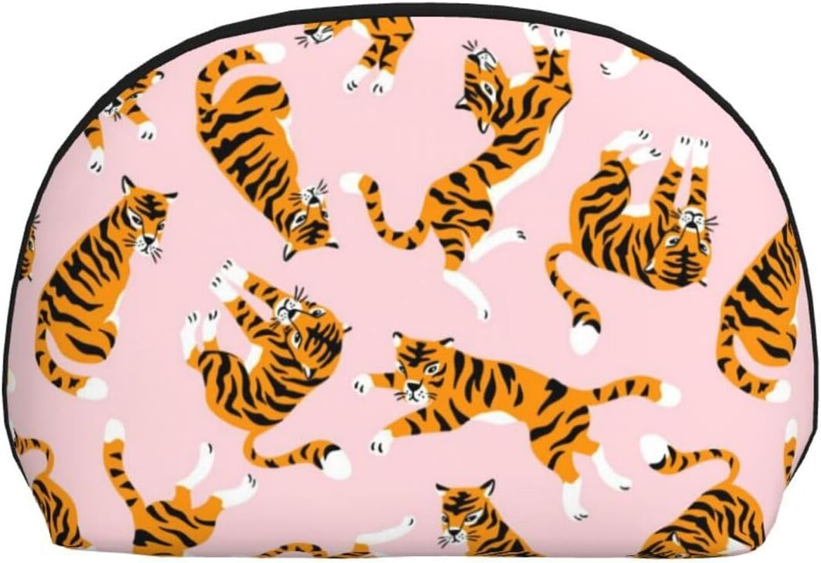 Cozimangoe Coin Pouch Makeup Bags Set, 2 Piece Shell Shape Cosmetic Bag with Pockets for Daily Travel Handbag Lipstick Keys Toiletry, Personalized Circus Animal Cute Tigers on the Pink Background image number 2