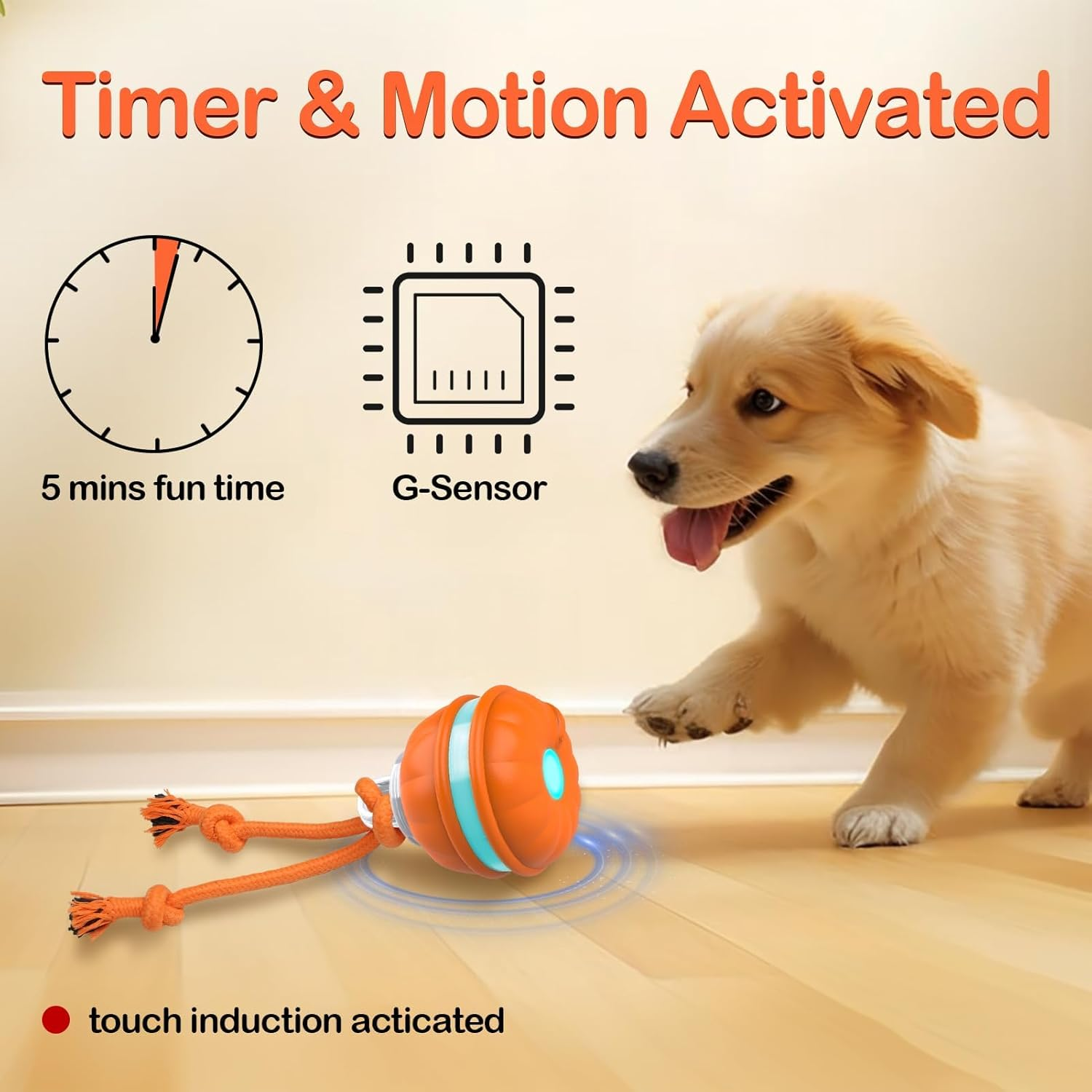 Touch Activated Dog Ball Toys, USB Rechargeable Squeaky Interactive Rolling Dog Toy Balls, Automatic Moving Wicked Ball with Fun Rope for Medium Small Dogs Puppy Pets - Orange