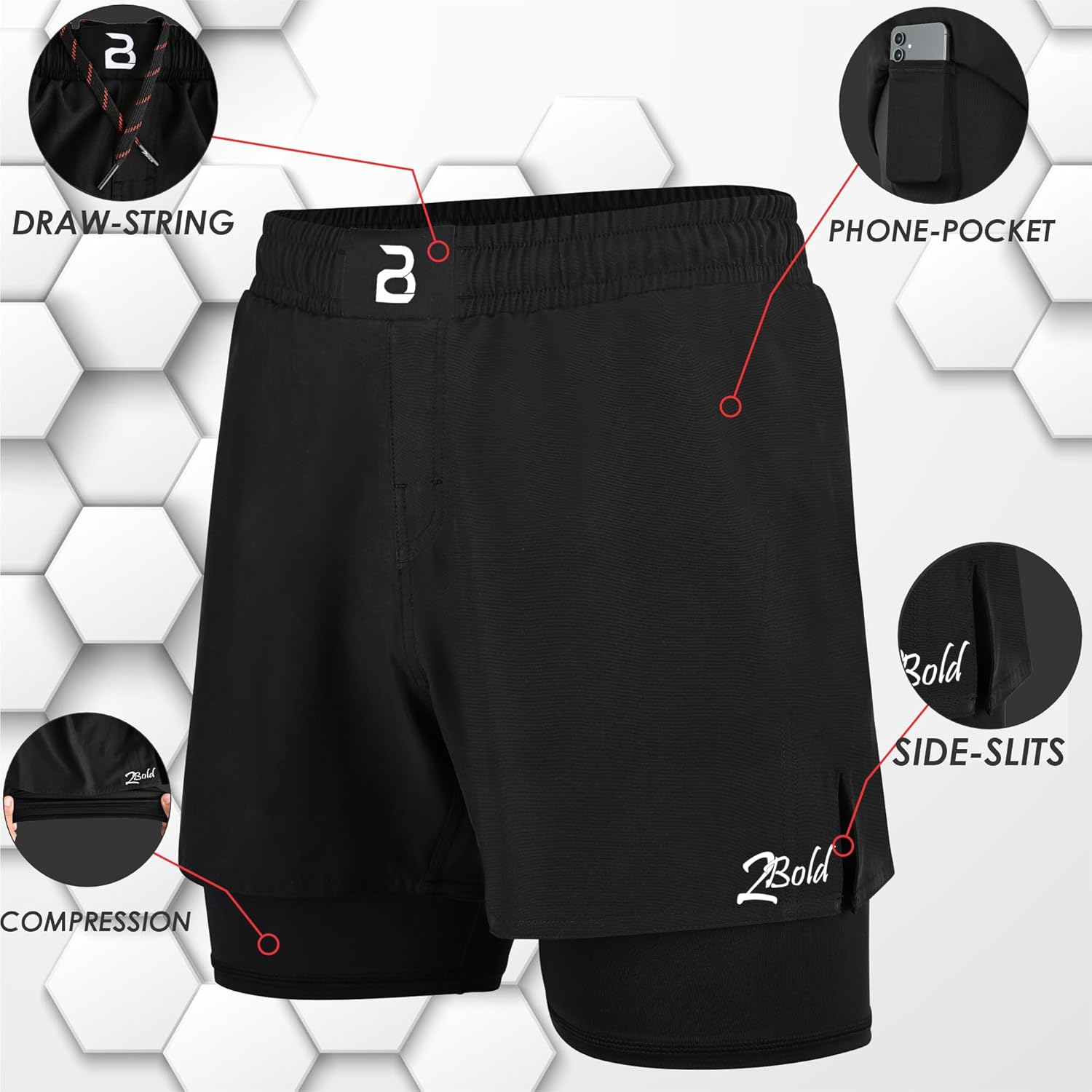 2BOLD MMA Kid&rsquo;S 2 in 1 Board Shorts BJJ Built in Compression Lining Athletic Gym Boxing Jiu-Jitsu No-Gi Grappling Shorts image number 5