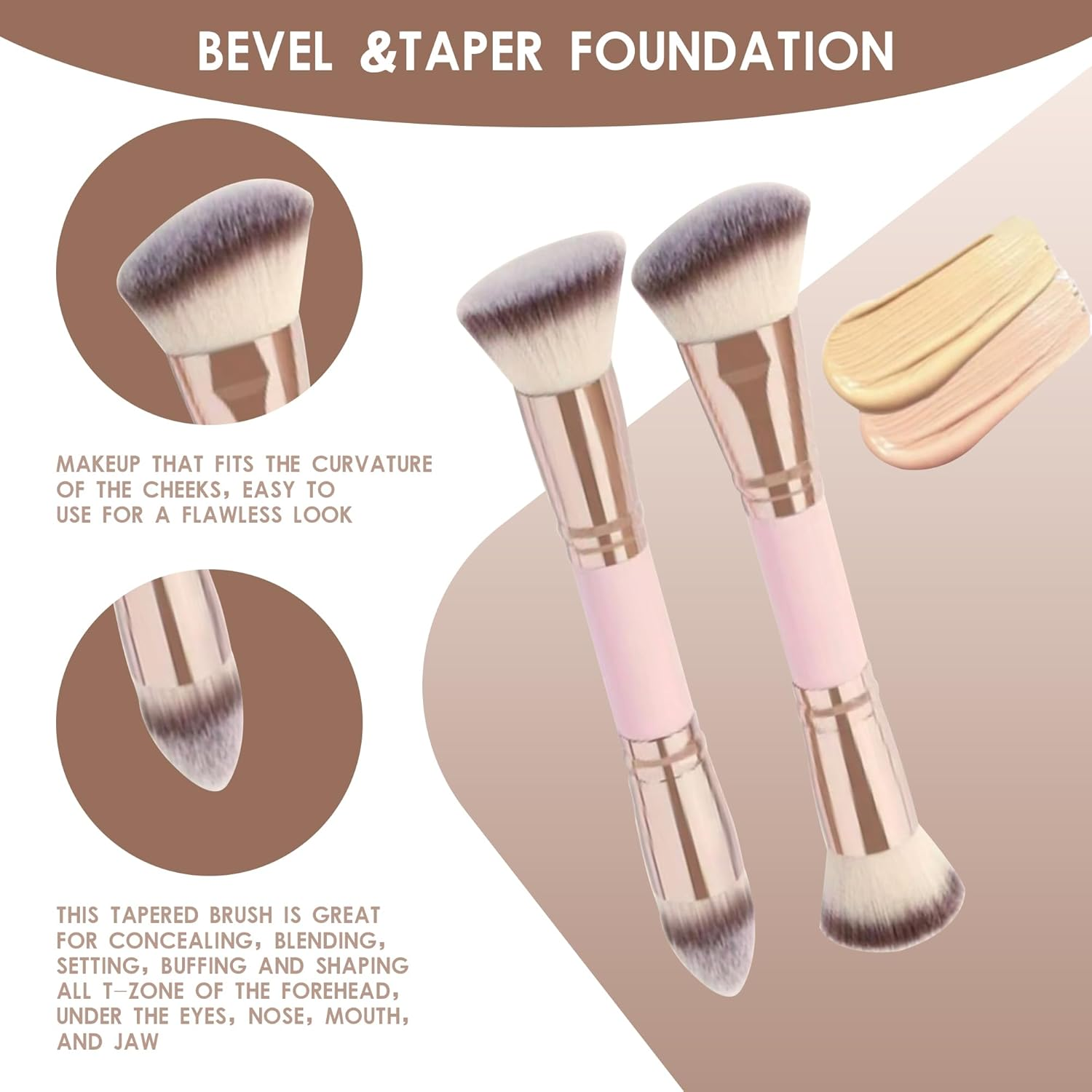 Foundation Makeup Brushes, 2Pcs Premium Double-Ended Makeup Brush (Flat/Angled/Angled Round/Tapered Top) for Buffing Liquid, Cream, Powder, Blending Contour Face Brush(Pink） image number 6