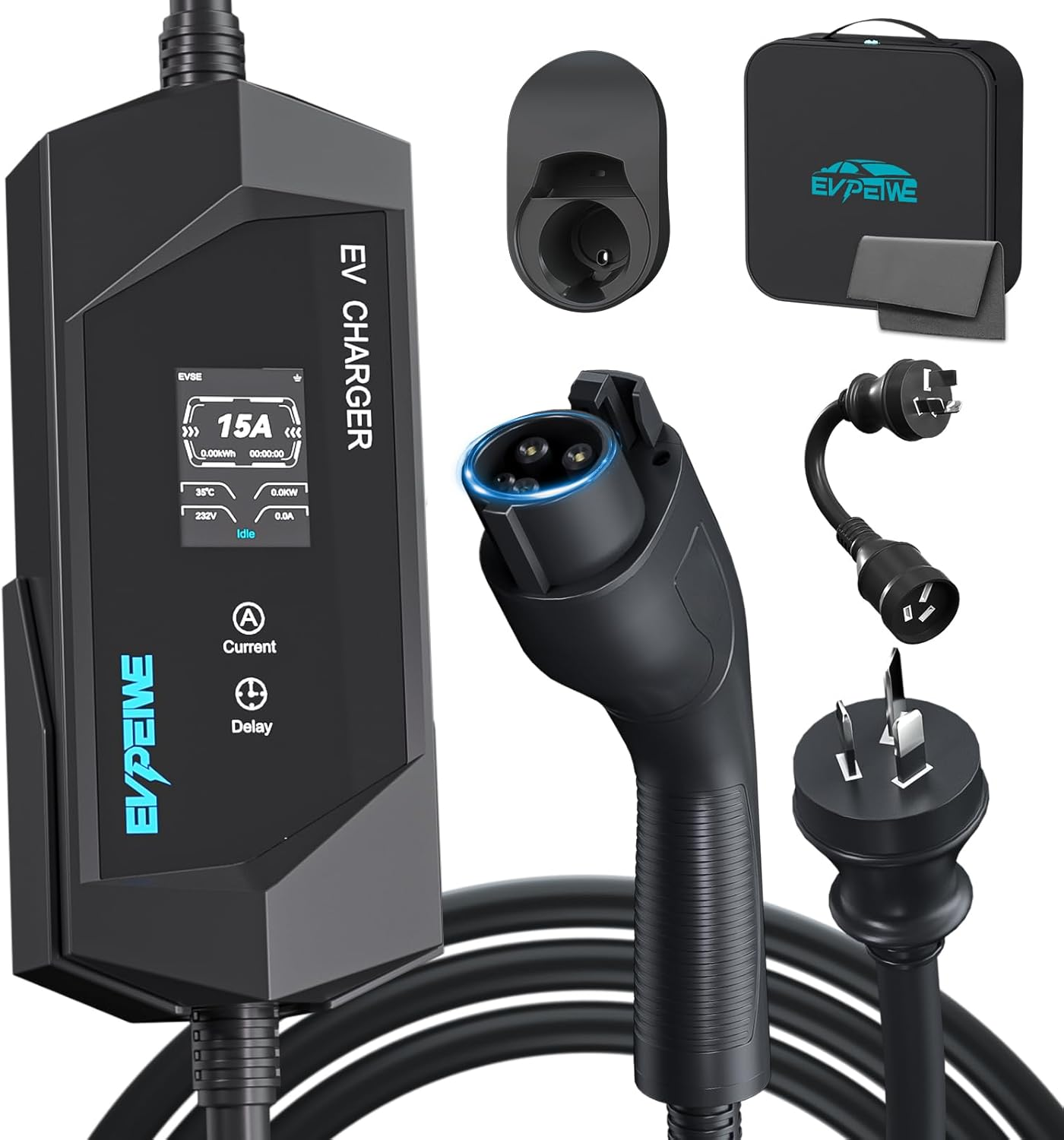 EVPEIWE Type 1 EV Charger 10A/15A EV Charging Cable with Australian 15A Plug/10A Adapter with Adjustable Current Portable Electric Vehicle Charger for Type 1/SAE J1772 Evs, Silver/5M