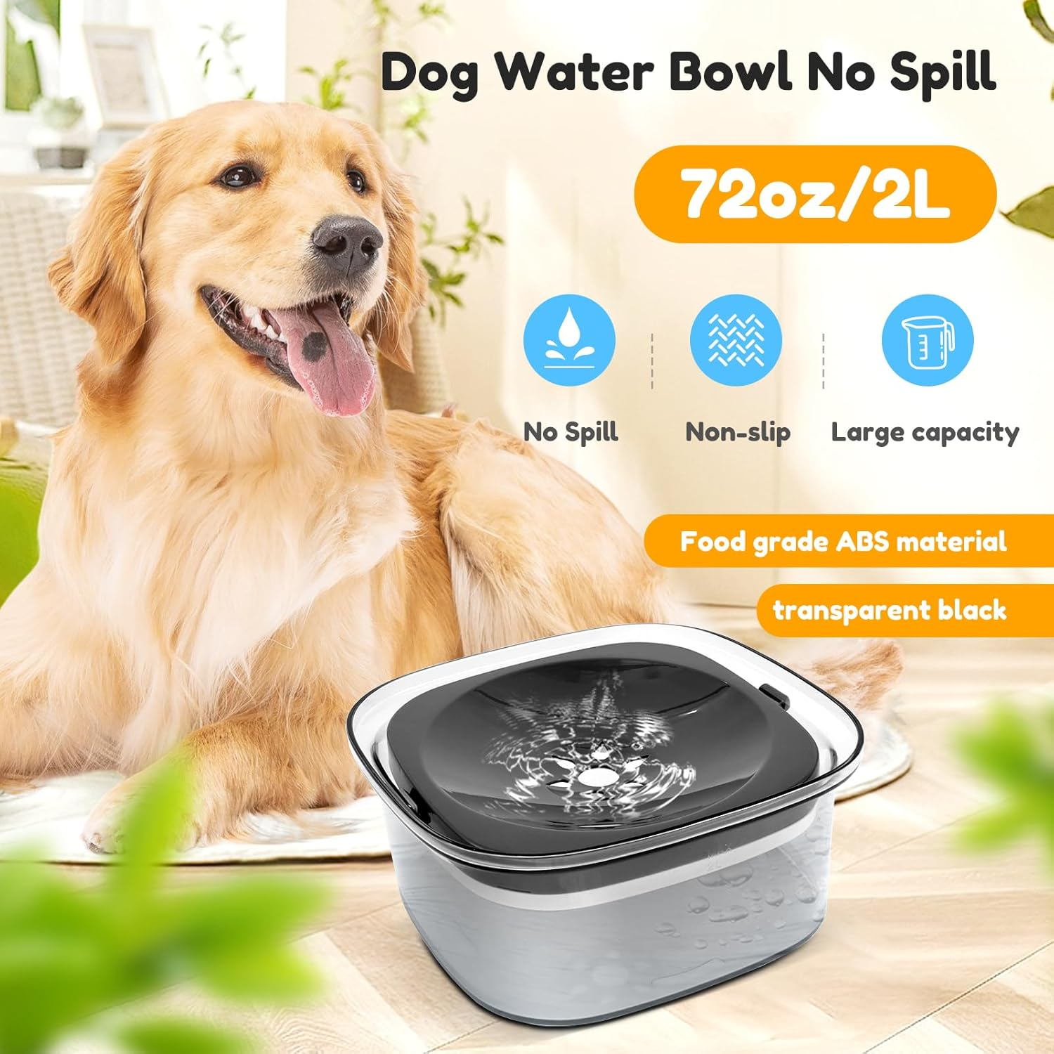No Spill Dog Water Bowl 2L Pet Slow Water Bowl Transparent Slow Drinking Water Bowl Spill Proof Dog Bowl with Water Level Mark Portable Pet Bowl for Dogs Cats (Transparent Black)