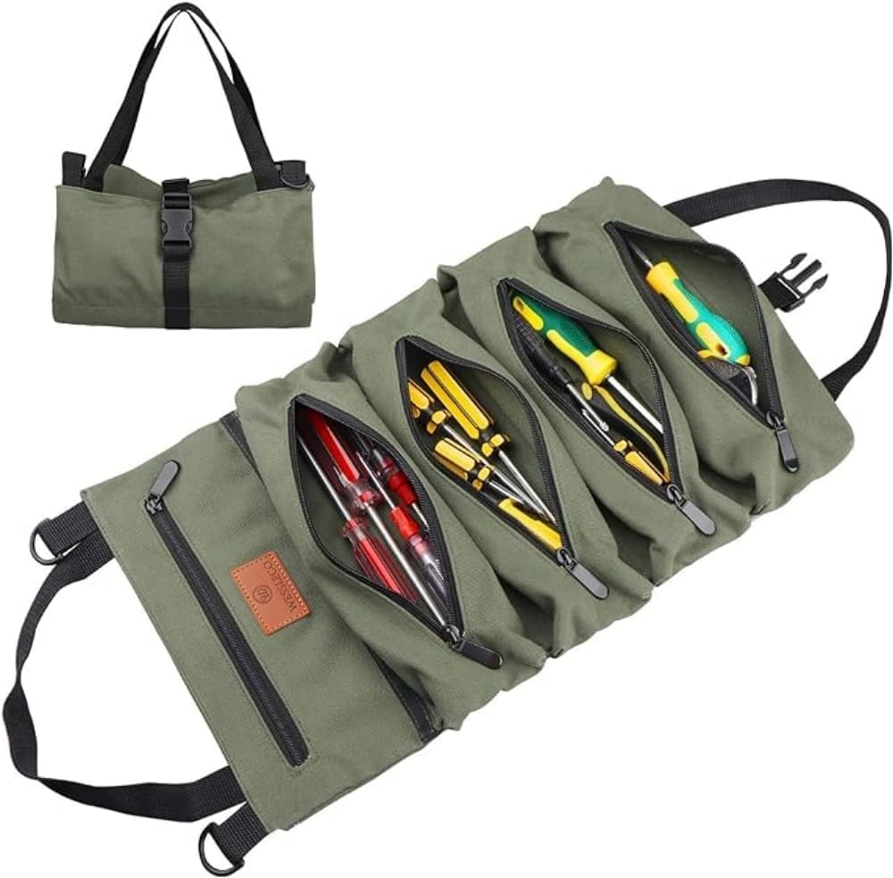 Roll up Tool Bag, 16OZ Canvas Wrench Roll up Pouch Multi-Purpose Tool Roll Organize, 5 Zippered Tool Pockets (Green)