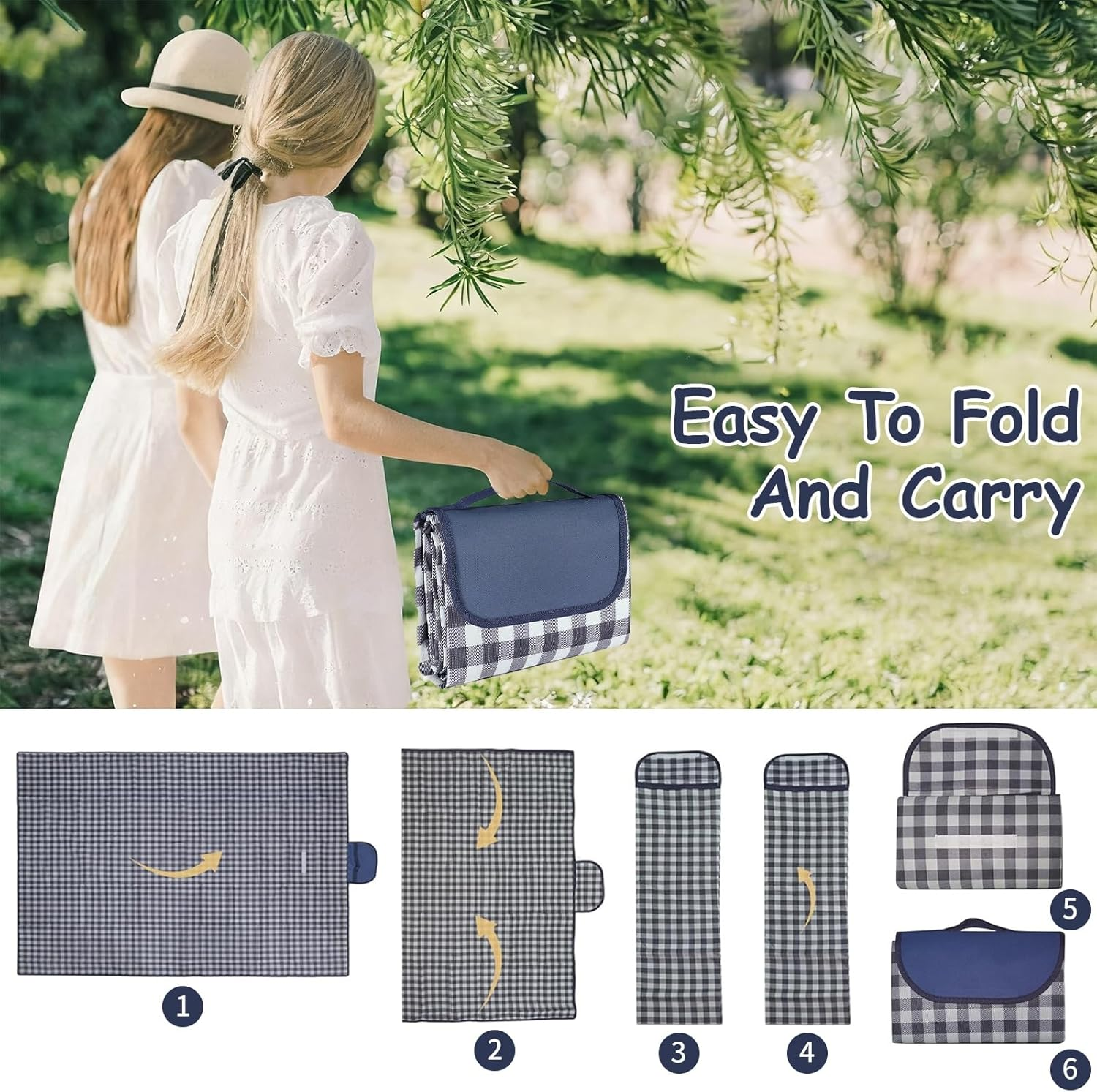 Picnic Blanket, Extra Large 80''X80'' Waterproof Picnic Mat, Outdoor Rug Beach Blanket, Picnic Mat for Beach, Park, Grass, Travel, Hiking, Camping Essentials, Gingham Picnic Rug (Tibetan Blue Grid) image number 3