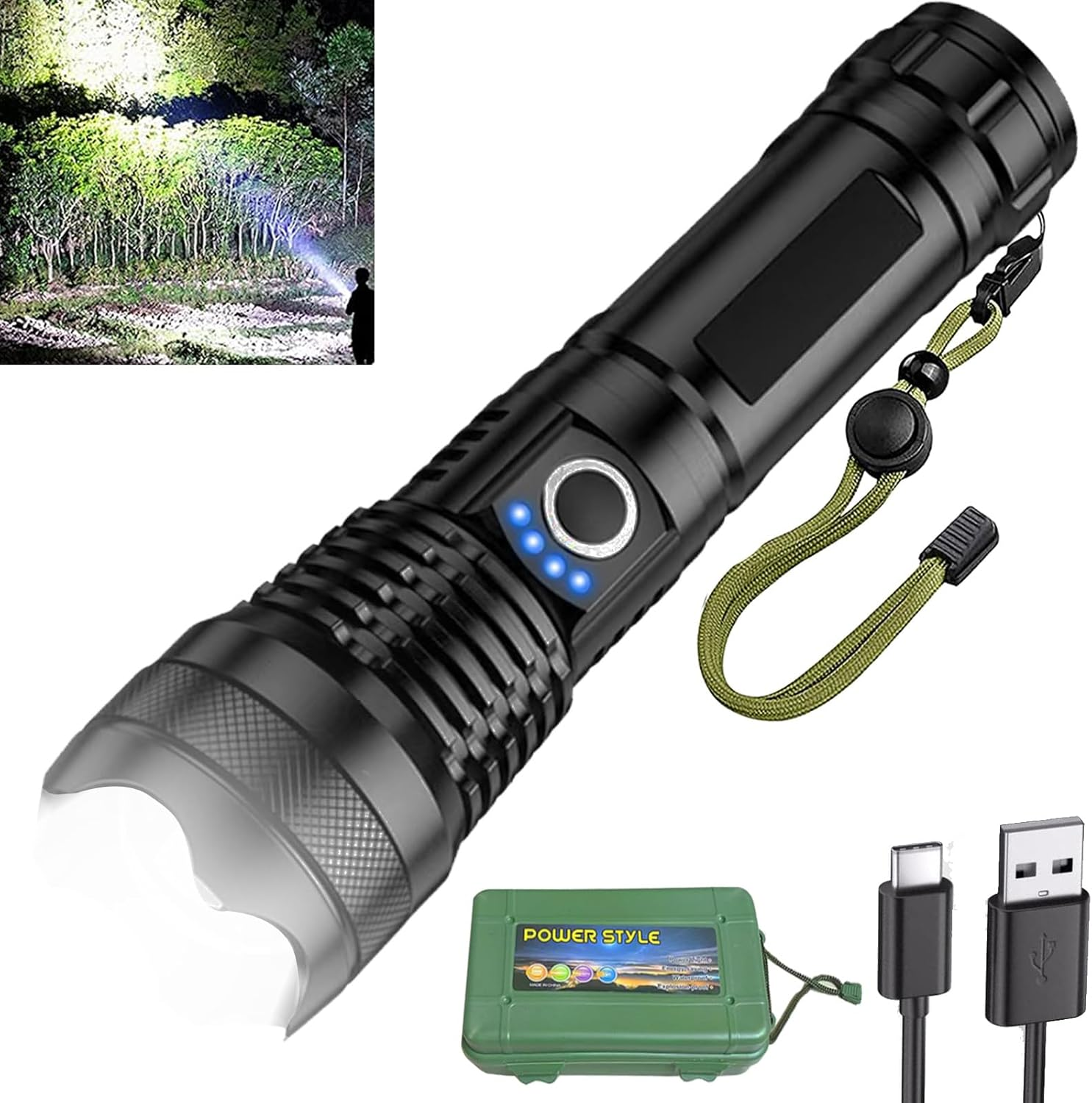 Uhanciny Rechargeable Spotlight Flashlight, 100000 Lumen LED Spot Lights Handheld Large Flashlight High Lumens Super Bright Outdoor Searchlight with 4 Modes, USB Output, IPX5 Waterproof, Tripod image number 5