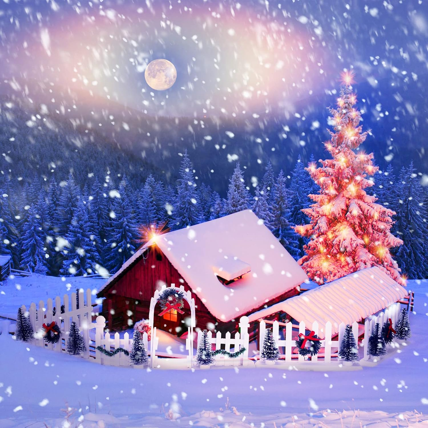 5 Pcs Christmas Village Decorative Fences Entry Gate Lit Figurine Christmas Wreath Tree Picket Fence Snow Accessories for Village Collections Snow Fence Figurine（White Series） image number 6