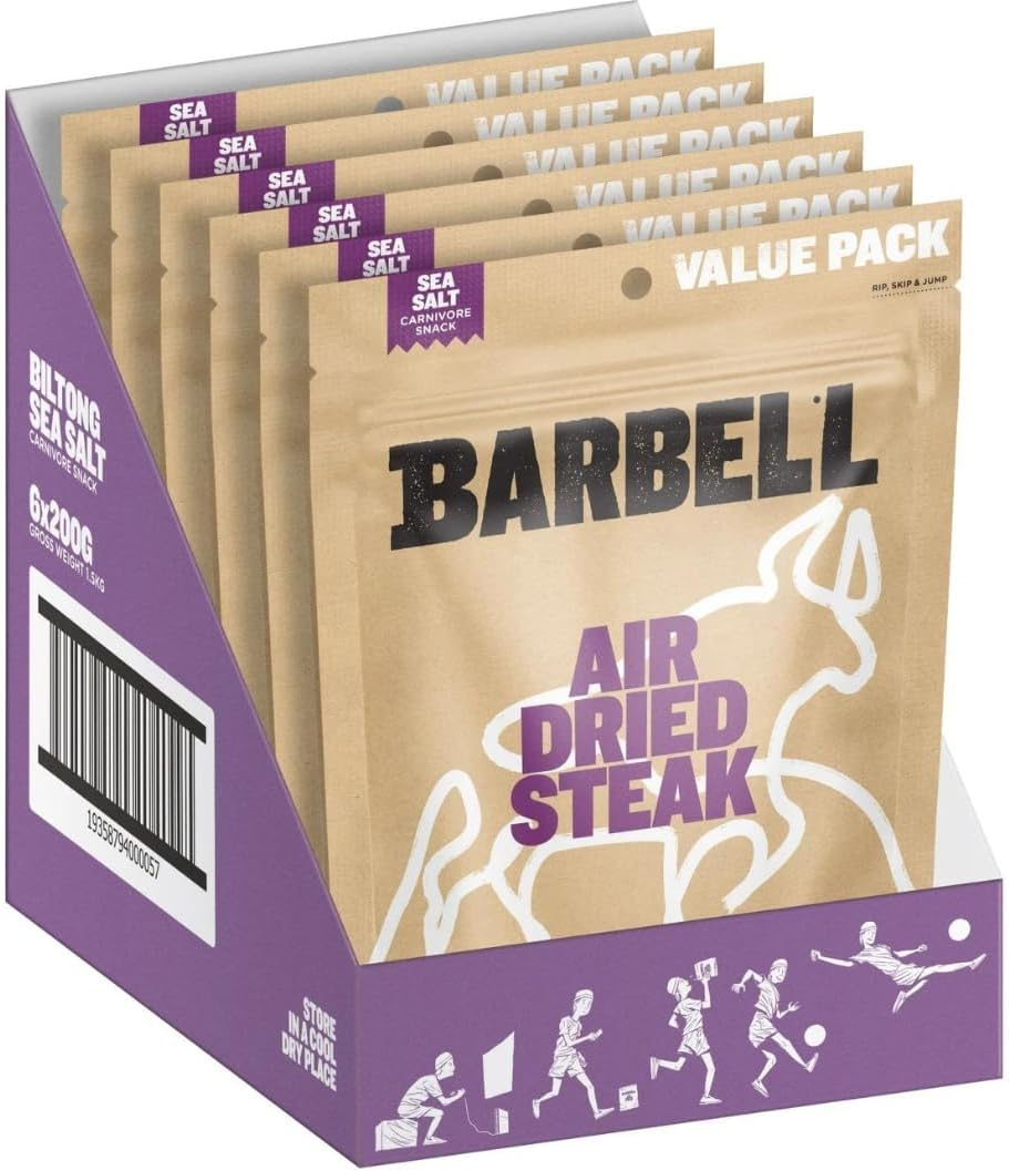 Barbell Biltong Air Dried Steak, Sea Salt, 6X200G Bags High Protein Snack, Great for Carnivore Diet, Bite-Size Convenience, Gluten-Free, Preservative-Free, Sugar-Free, Long Shelf Life image number 1