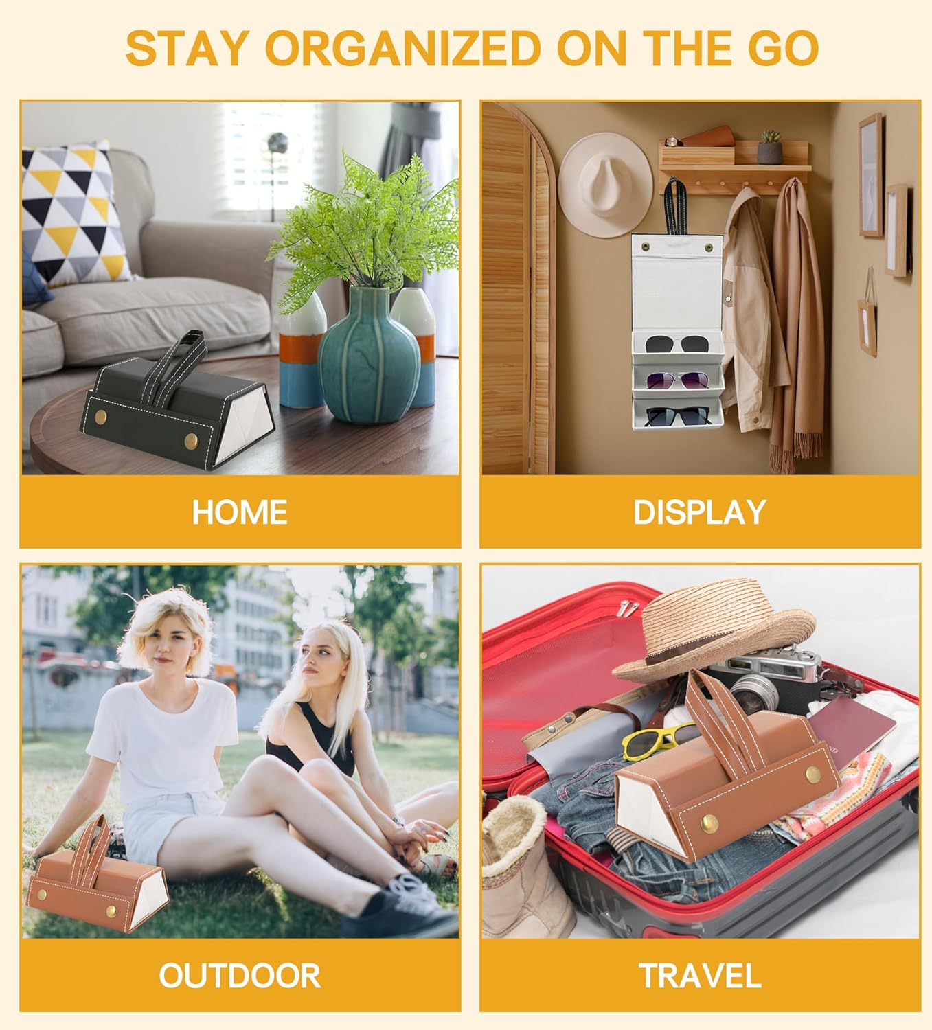 YOKONICO 2Pack Sunglasses Organizer Travel Case Foldable 3 Slots Glasses Organiser Portable Eyeglasses Storage Wall-Mounted Sunglasses Rack Hanging Storage Box Classic Durable for Women and Men - Brown image number 2