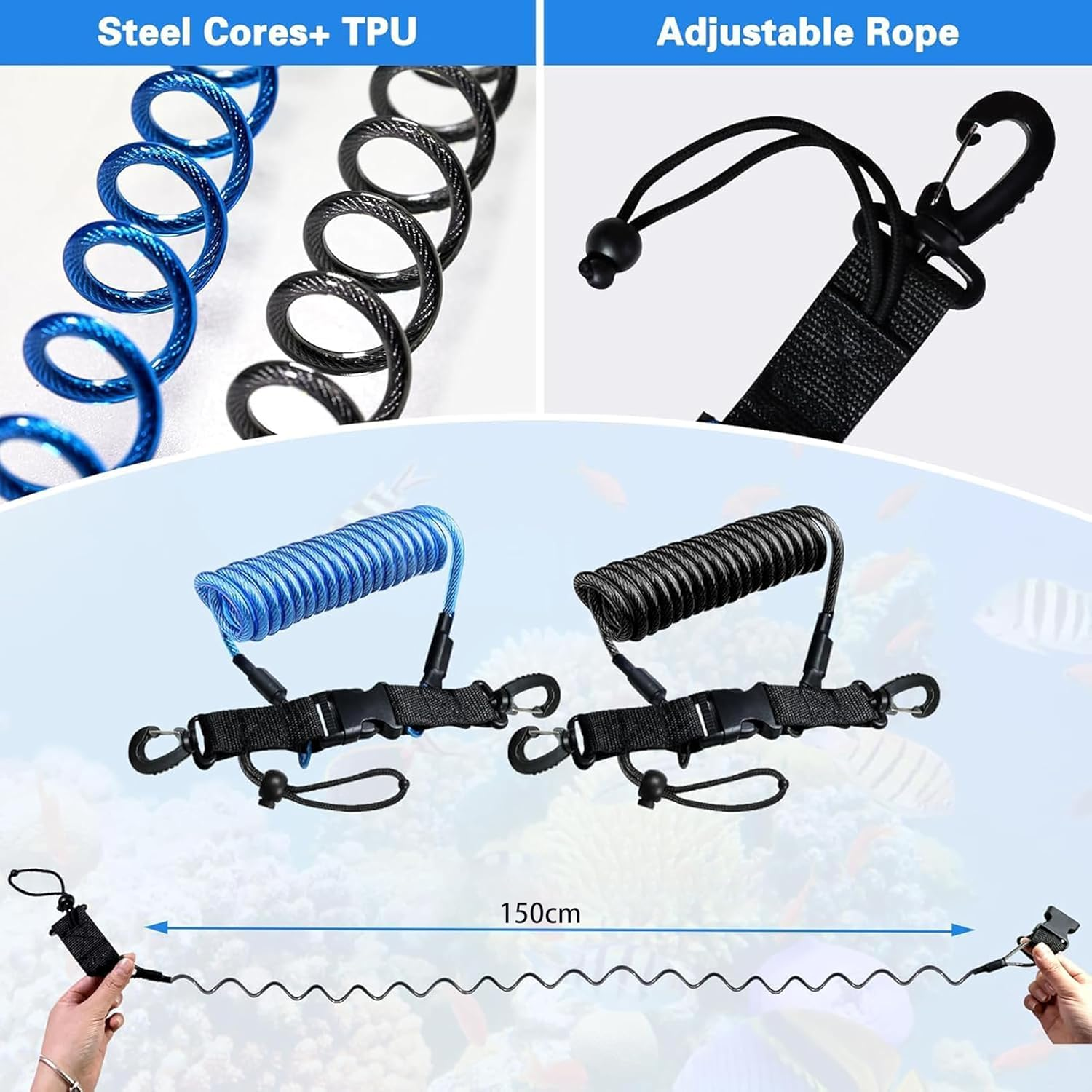 Heavy-Duty Scuba Lanyard Set (2-Pack) | Quick-Release Coiled Leash for Underwater Cameras/Lights | Corrosion-Proof Clip & Webbing Strap image number 5