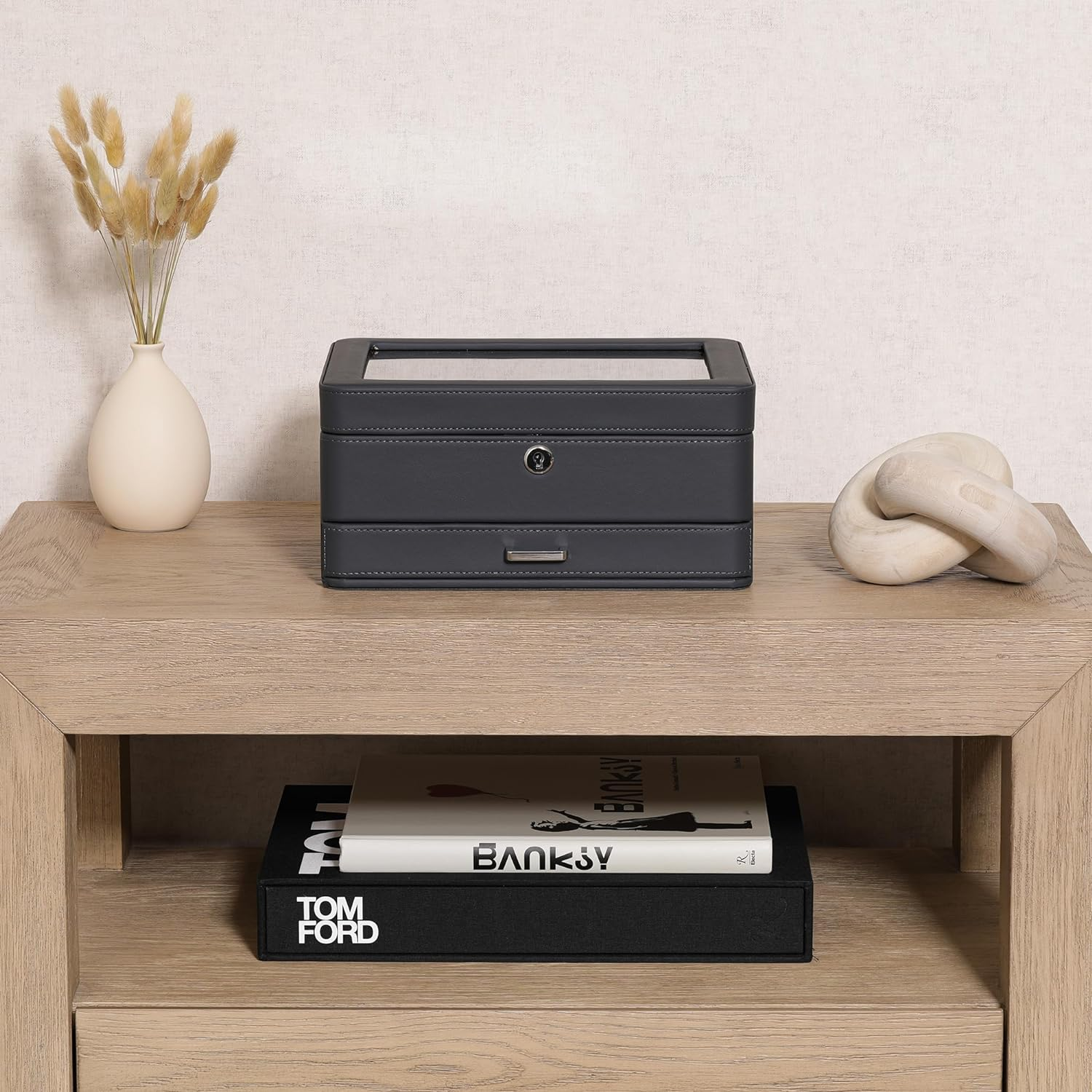 ROTHWELL 8 Slot Leather Watch Box with Valet Drawer - Luxury Watch Case Display Jewelry Organizer, Locking Watch Display Case Holder with Real Glass Top - Watch Box Organizer for Men & Women (Carbon)