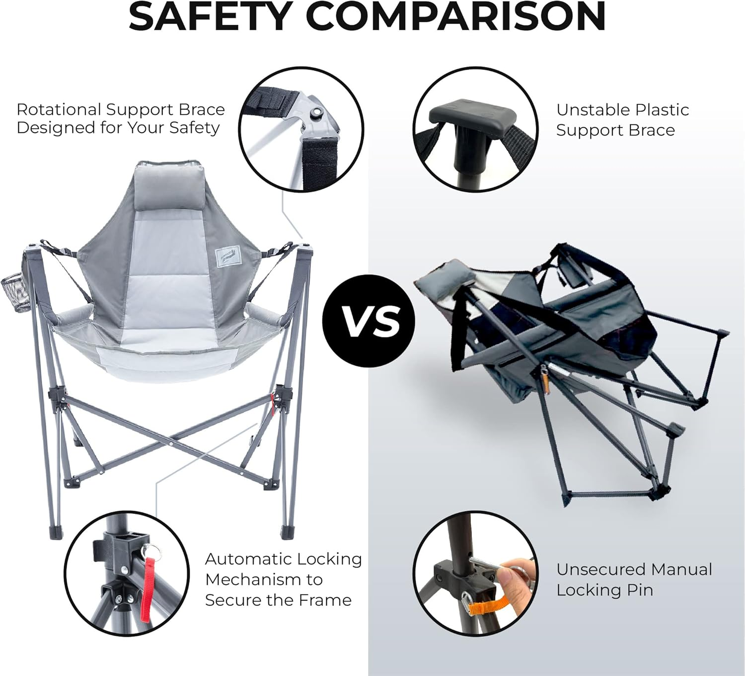 Camphor Designs Portable Swing Hammock Chair | Foldable Recliner Rocking Lounger with Headrest & Drink Holder | Outdoor Sports, Beach, Lawn, Hunting, Tailgating, Fishing | Supports 300Lbs (Grey)