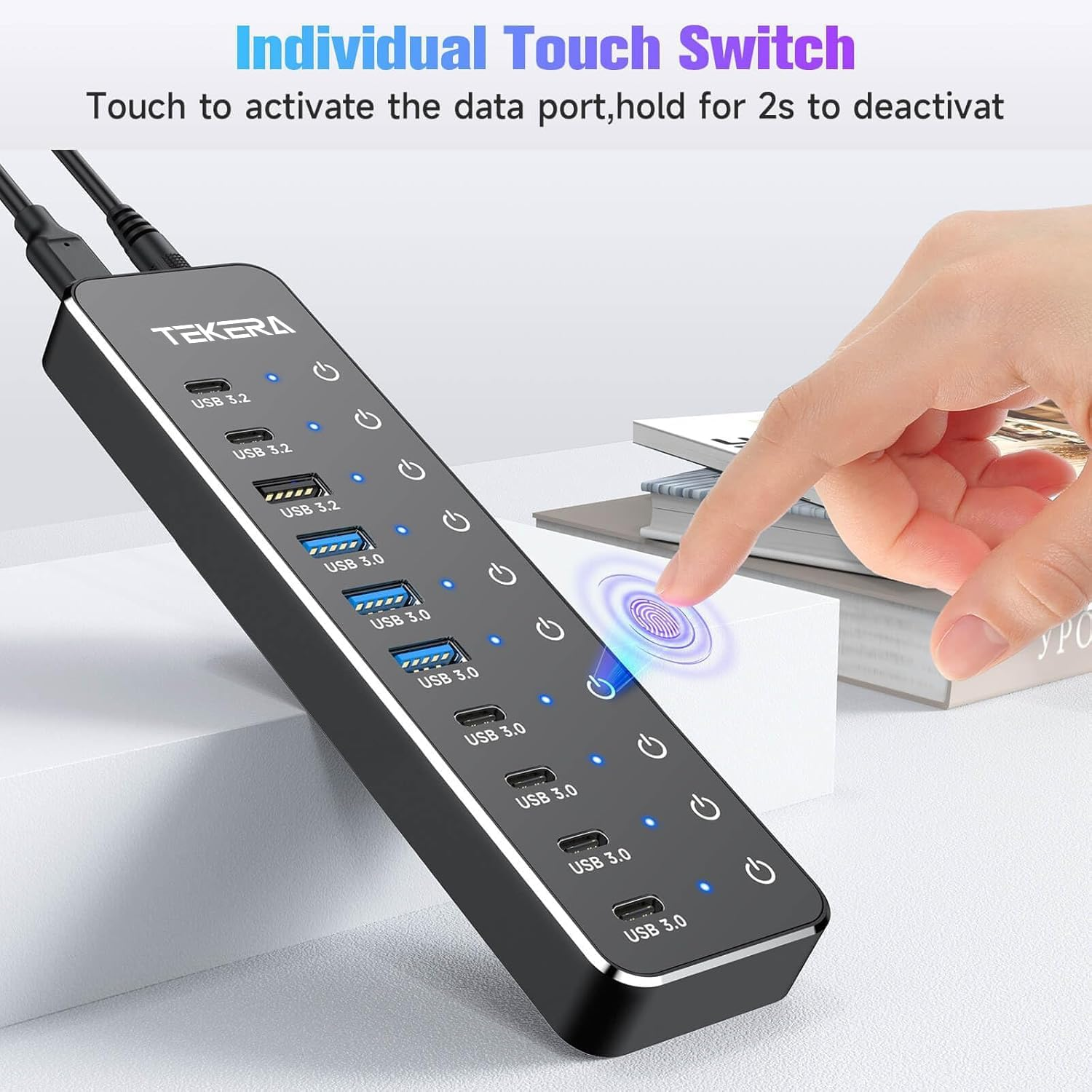 10 Ports Powered USB 3.2/USB C Hub Splitter 60W with 3 X 10Gbps USB 3.2 Ports (2C + 1A),7 X USB 3.0 Ports (4C +3A), 3.3Ft Cable and Individual Touch Switches for Laptop PC image number 1