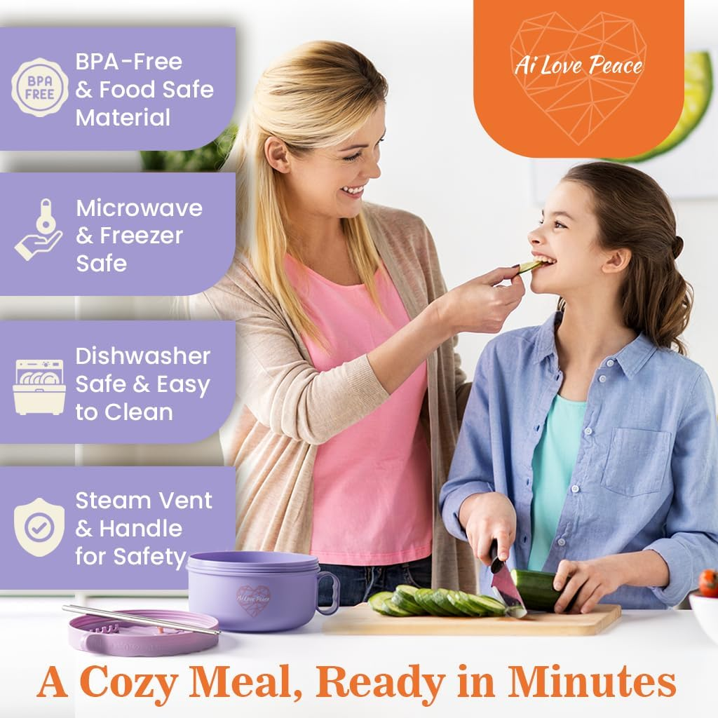 Ai Love Peace Ramen Bowl, 40 Oz Microwaveable Noodle Cooker for Ramen, Pho, Soup, and Pasta, Dishwasher Safe and Portable, Ideal for Home, Office, Dorm, or Gift (Purple) image number 6