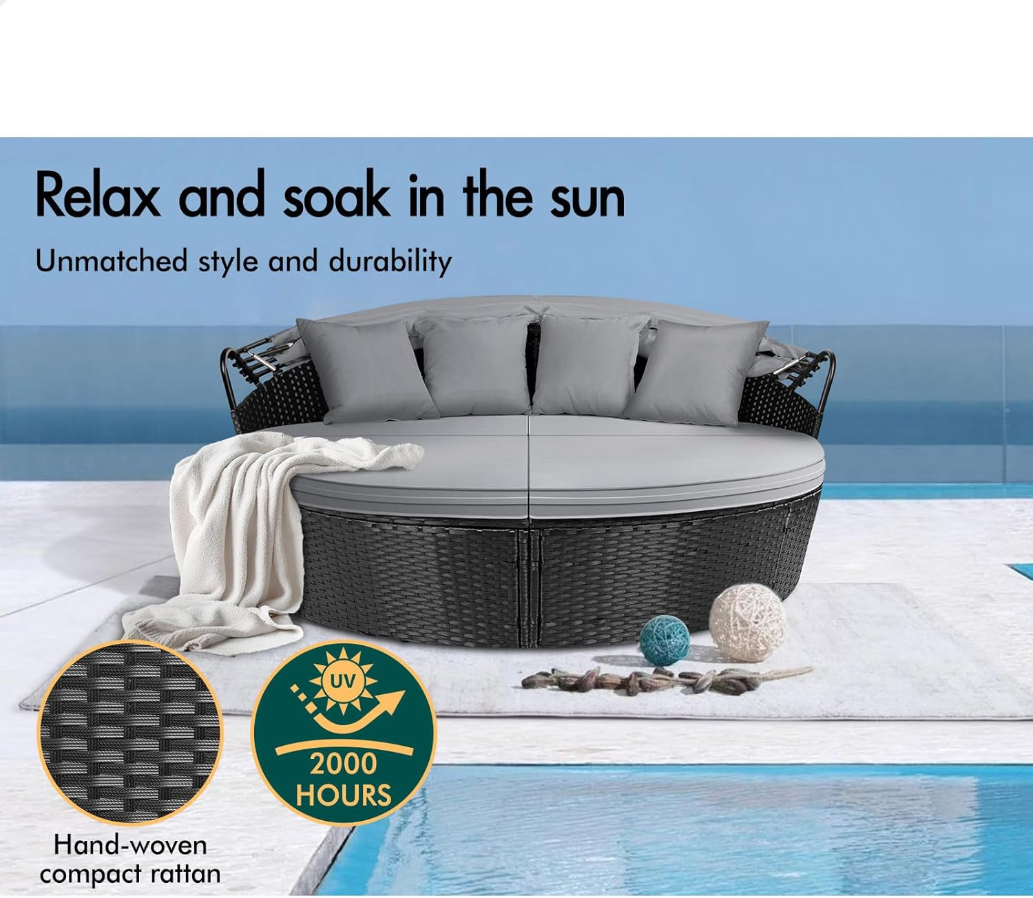 ALFORDSON Sun Bed Sofa 3Pcs with Adjustable Canopy, Wicker Outdoor Tanning Lounger with Fabric Seat Cushions & Pillows, Steel Frame Lounge Chair Furniture for Garden Pool Patio Backyard, Black Grey