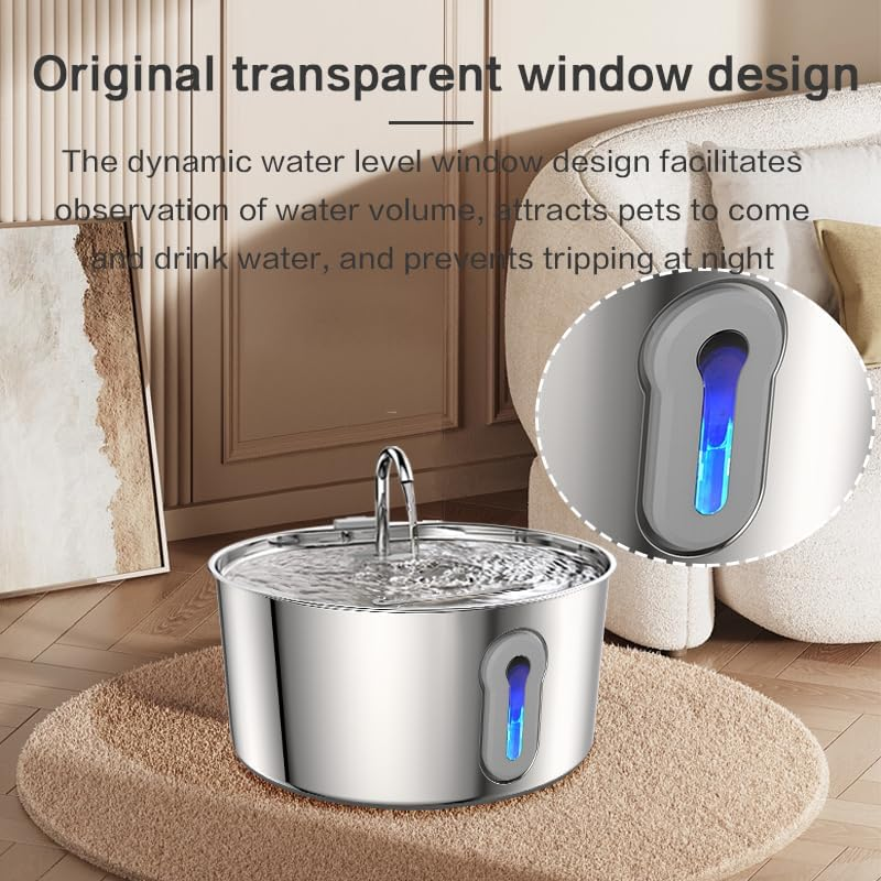 Cat Water Fountain Stainless Steel 4 L for Cats inside -Automatic Dog Watering Dispenser Bowl - Pet Feeding with LED Faucet Water Level Window Ultra Quiet Pump image number 3