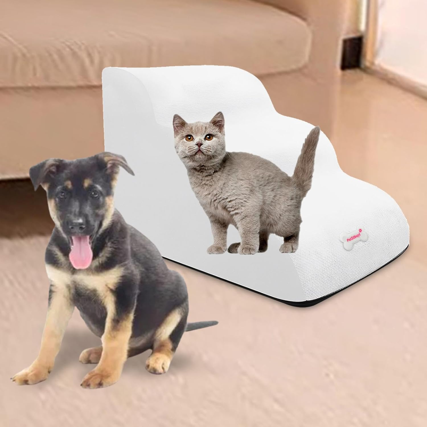 B Baosity Pet Dog Stairs Dog Climbing Ladder 3 Steps Dog Ramp for Older Dogs Portable Detachable Cover anti Slip Dog Steps Cat Stairs for Car High Bed, White image number 3