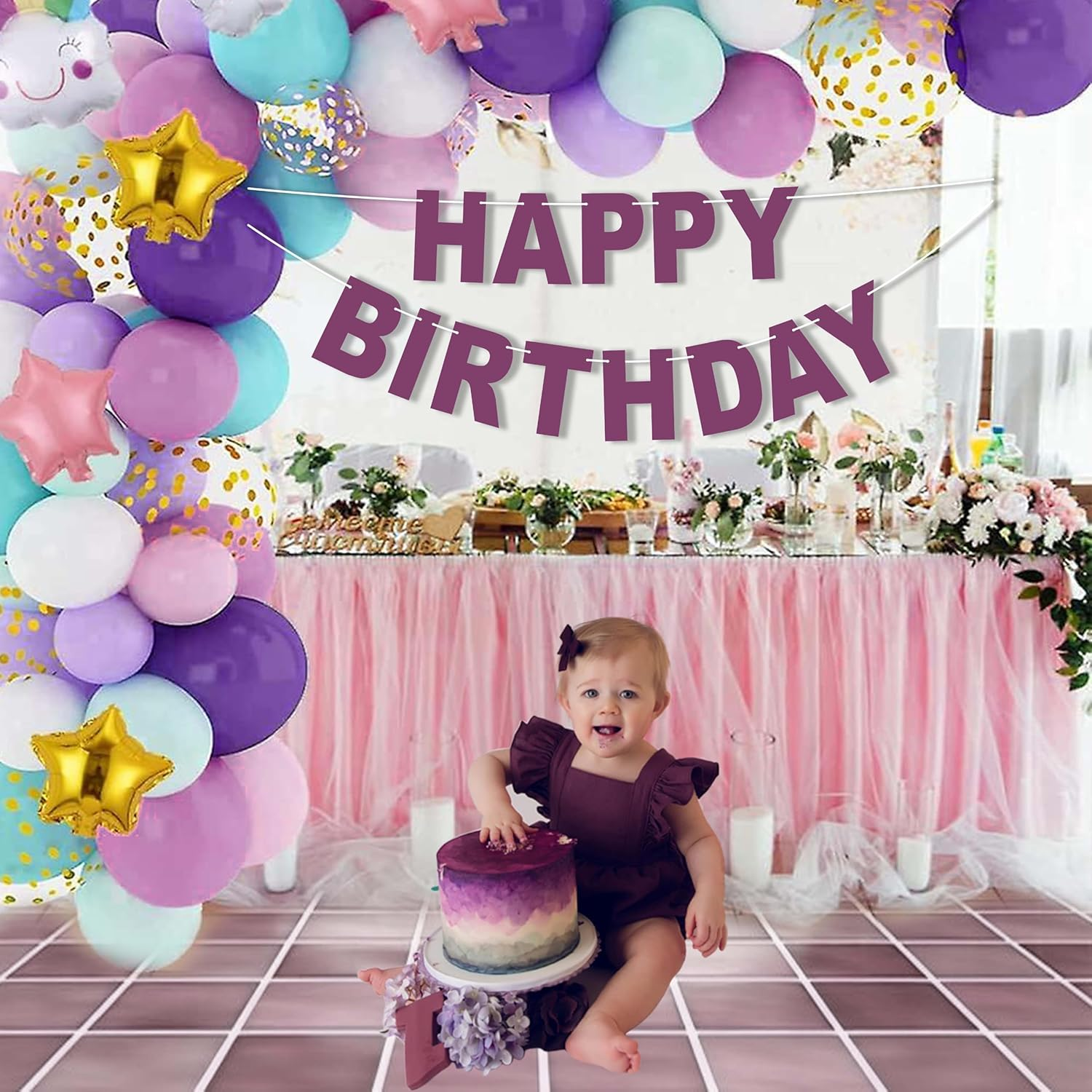 DIY Magenta Purple Colour Printed Happy Birthday Banner 10Ft Holograthic Birthday Banner Birthday Party Decoration Supplies