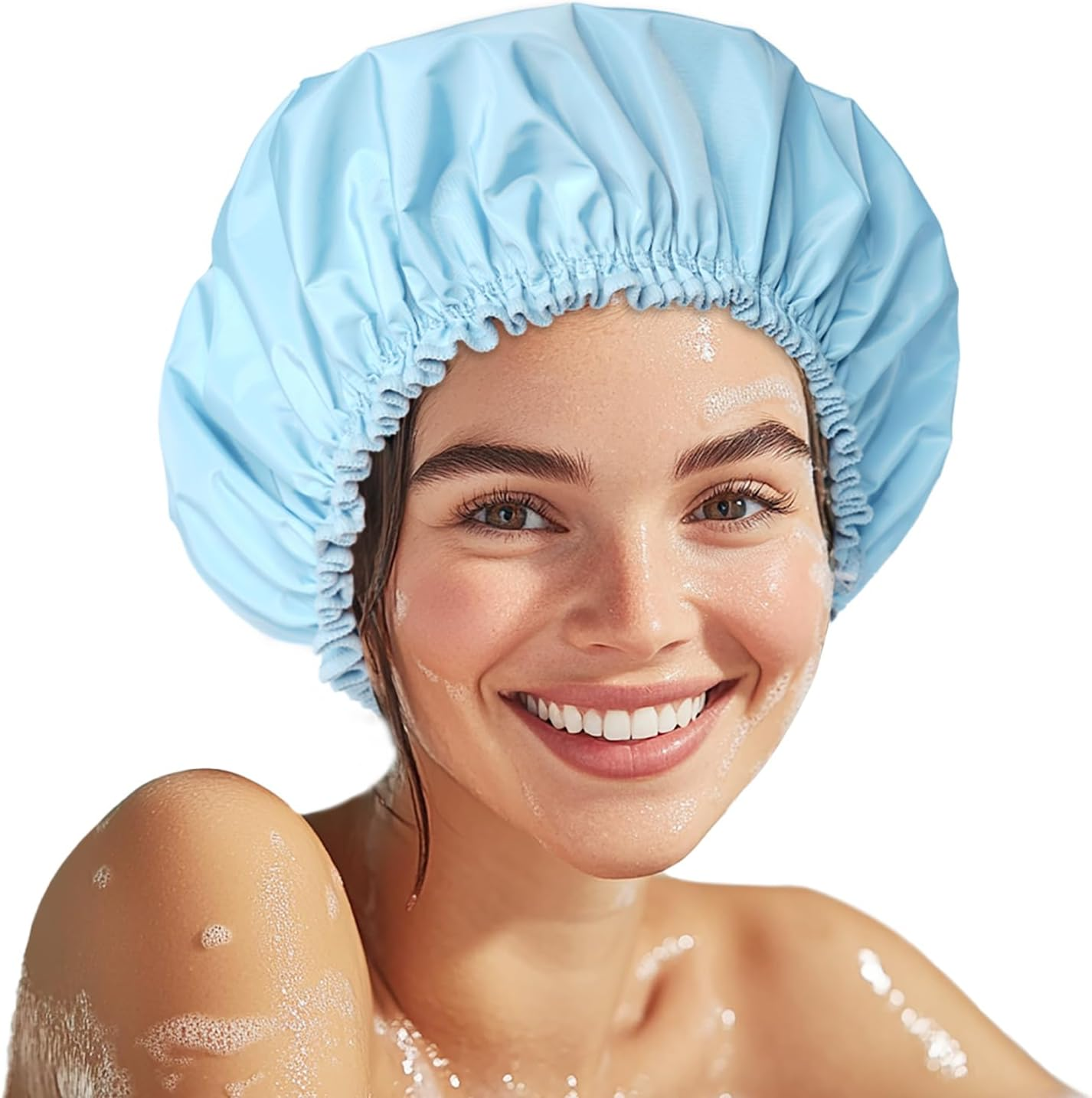 Shower Cap for Women, Double Layer Waterproof Bath Cap, Reusable Hair Protector, Large Waterproof Shower Bonnet Washable Elastic Band Bath Hair Hat for Long Hair, Braids， - Dark Green