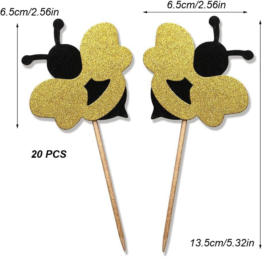 21 Pcs Cupcake Toppers - Happy Bee Day & Birthday Cake Toppers - Bumble Bee & Glitter Bee Cupcake Picks for Baby Shower & Party image number 4