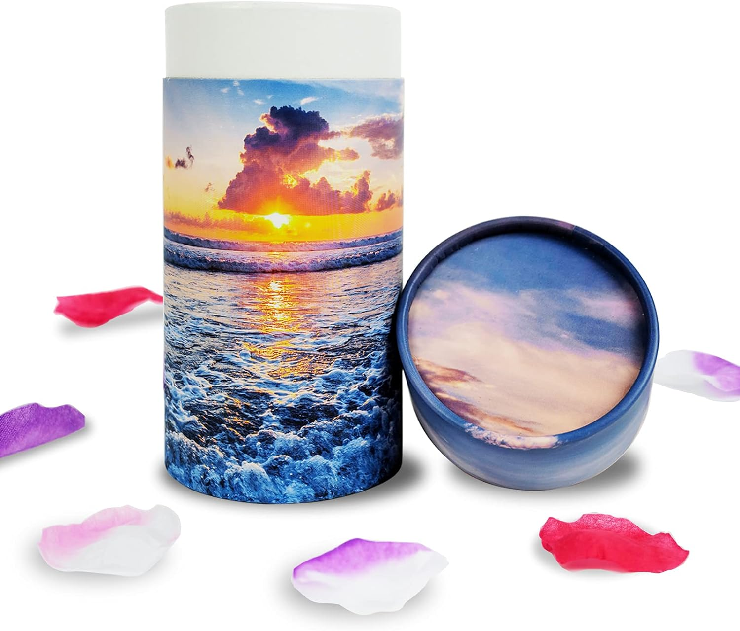 40 Lbs Small ECO Scattering Tube Urn for Human Ashes, Biodegradable Decorative Spreading Cremation Urn for Adult Male Female Pet Dog Cat Ashes, Including ECO Artificial Flowers(Sea&Beach Sunset)