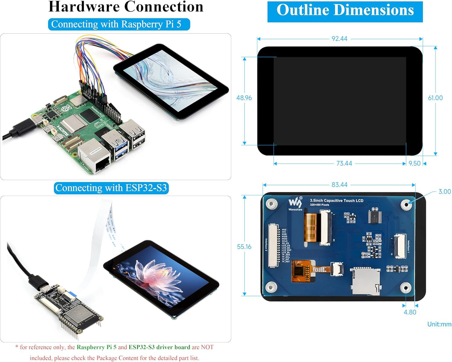 3.5Inch Capacitive Touch Screen Compatible with Raspberry Pi 5/4B/3B+/Zero/Zero W/Zero 2W/Pico/Pico W/Pico 2/Pico 2 W/ ESP32 /Ar-Duino, IPS Display 320X480 Resolution, SPI and I2C Control Interfaces image number 1