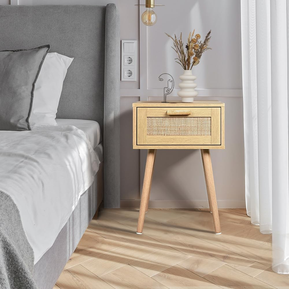Furb Bedside Table with Storage Drawer Rattan Side End Table Small Narrow Nightstand for Living Room Bedroom Furniture, 40X34X58Cm image number 3