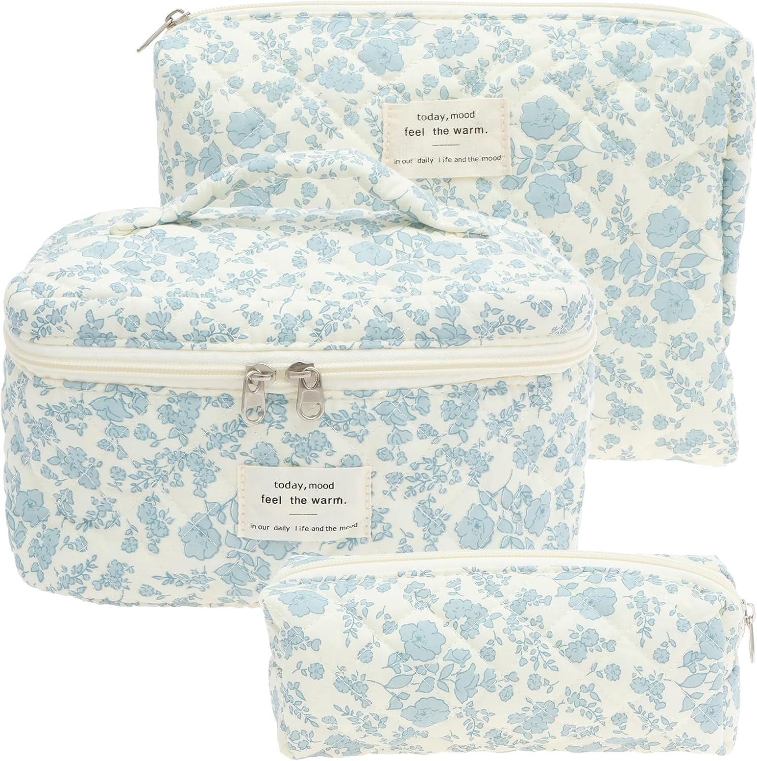 DJAPWPX 3 Pcs Makeup Bag, Cotton Quilted Cosmetic Bag, Cute Travel Makeup Pouch, Multifunctional Cosmetic Pouch Set for Women Girls Ladies (Pink)