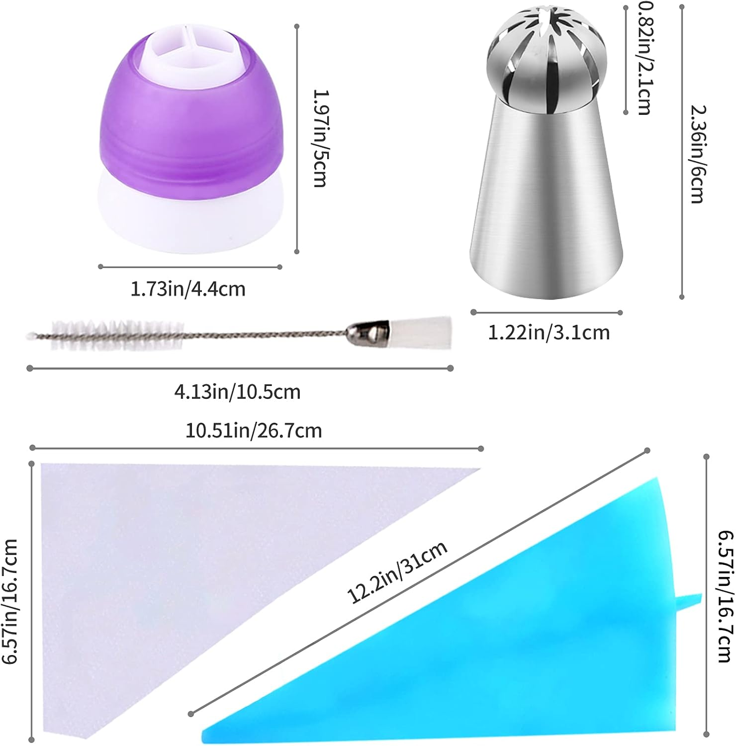 42 Pcs Russian Piping Tips Set, 8 Nozzles Flower Frosting Icing Tips Russian Ball Piping Tips for Cake Decorating Kit, 2 Couplers 30 Pastry Baking Bags 1 Cleaning Brush, 1 Reusable Silicone Bag - Metallics image number 7