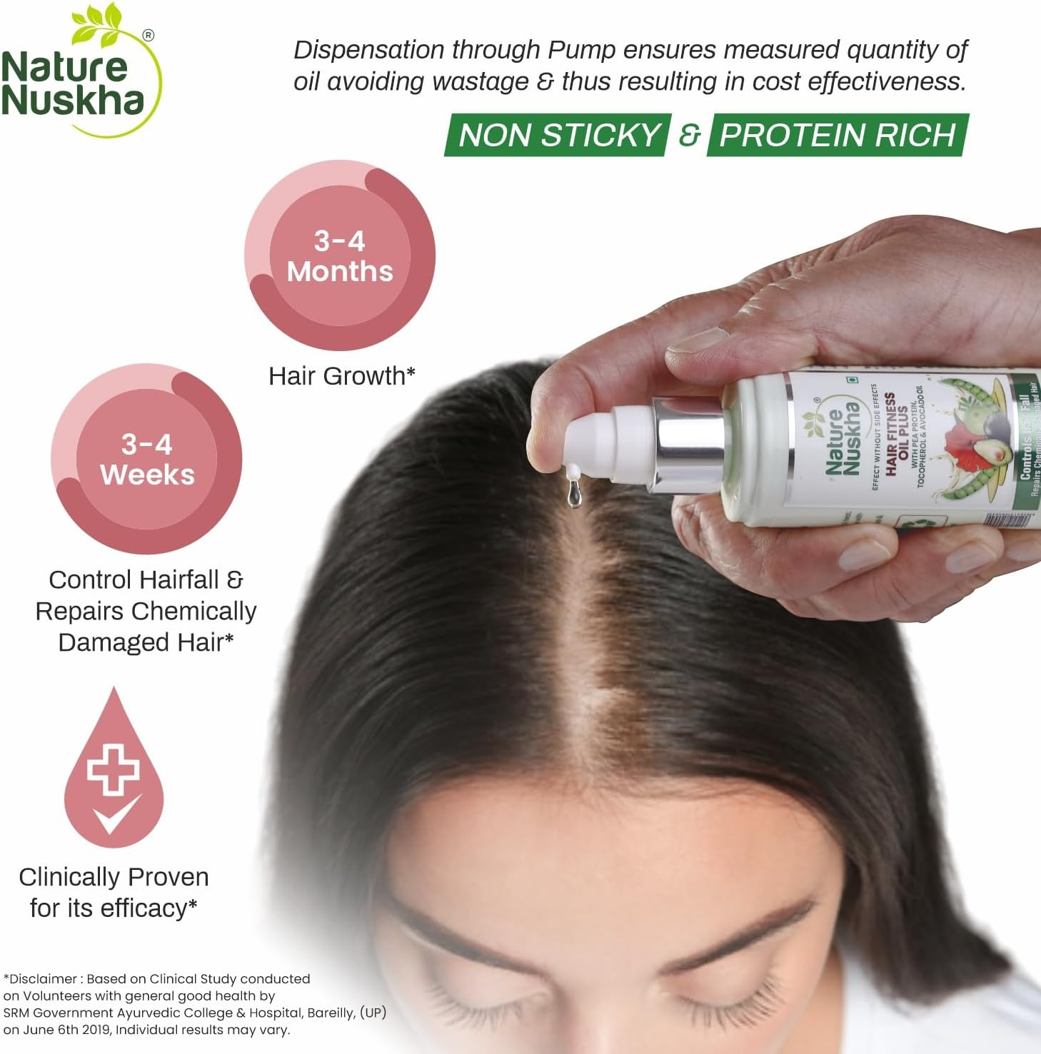 Nature Nuskha Hair Oil plus with Pea Protein, Tocopherol and Avacado Oil, Controls Hair Fall, Repairs Chemically Damaged Hair, Non-Sticky, for Women & Men, All Hair Types, 100Ml image number 5