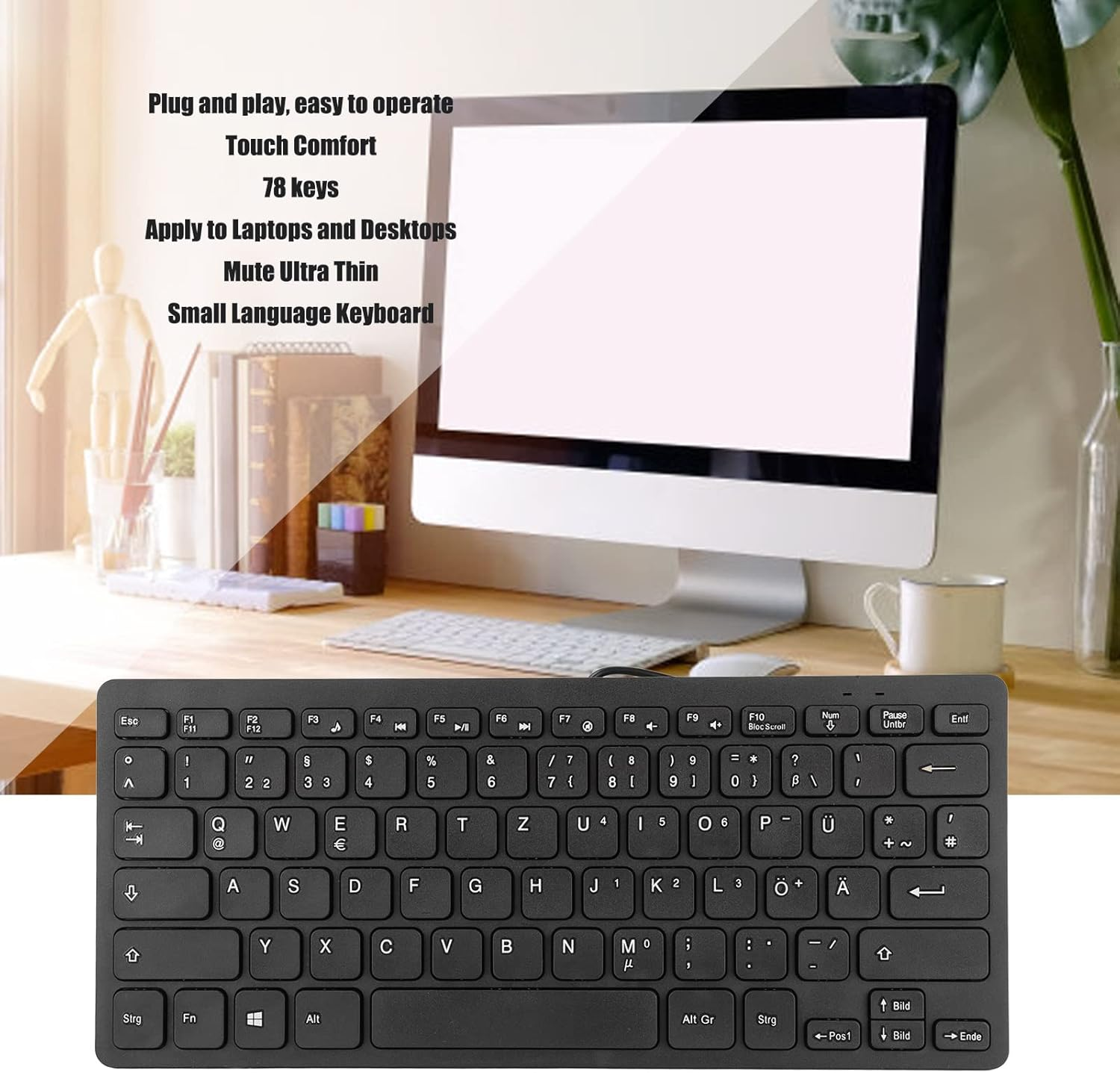 Eosnow Mini Wired Keyboard 78 Keys,Clear and Easy to Read Text Wired Keyboard,Comfortable to Touch USB, with Total of 78 Keys (German) image number 3