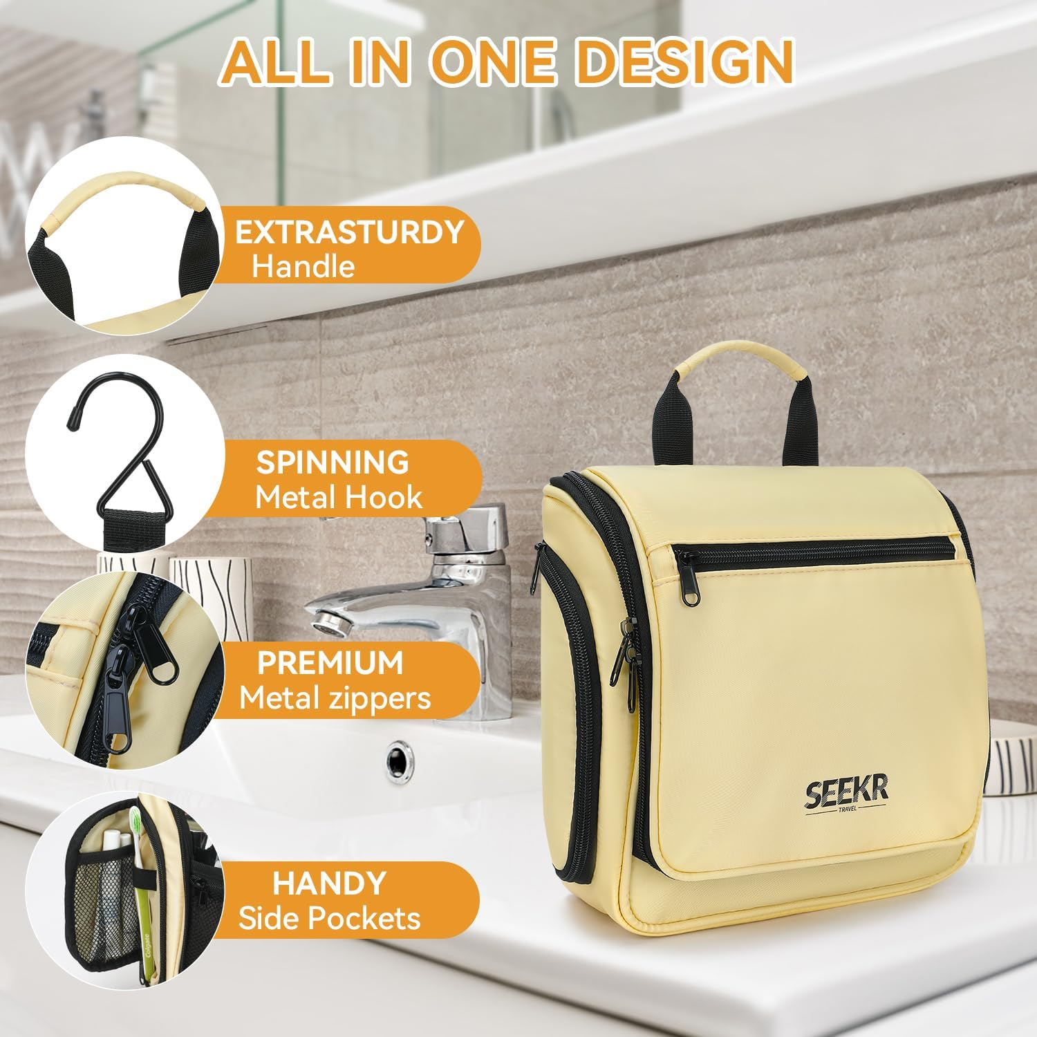 SEEKR Hanging Travel Toiletry Bag, Makeup Organiser, Expandable Compartments and Removable Pouches, for Toiletries, Cosmetics and Travel Essentials, Ideal for Luggage, Camping, Beach or Home (BEIGE) image number 3