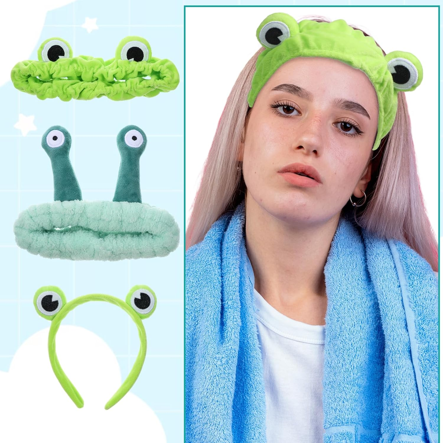 5 Piece Spa Headband Face Makeup Snail Cartoon Cute Hair Accessories Green Frog Eye Elastic Headband Skin Care Headband for Women Face Wash Skin Care Funny Gift