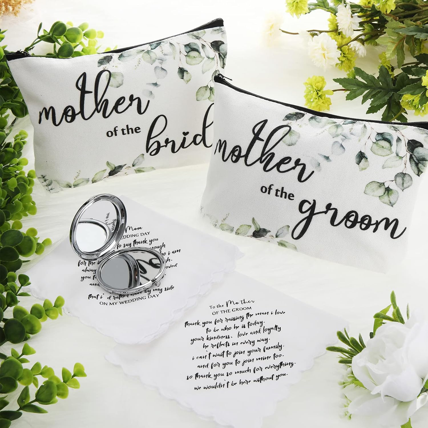 6 Pack Mother of the Bride Gifts Mother of the Groom Gifts Set Includes 2 Leaves Cosmetic Bag 2 Makeup Mirror 2 Mom Handkerchief for Mothers in Law at Wedding Engagement Anniversary Wedding Day Gift