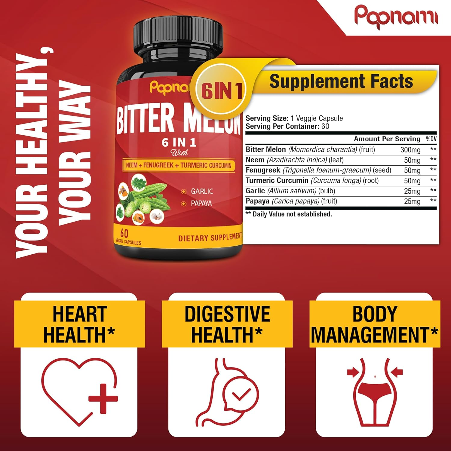 Organic Bitter Melon Extract Capsules - 60 Pills 2 Month - Combined Neem, Fenugreek, Curcumin, Garlic & Papaya