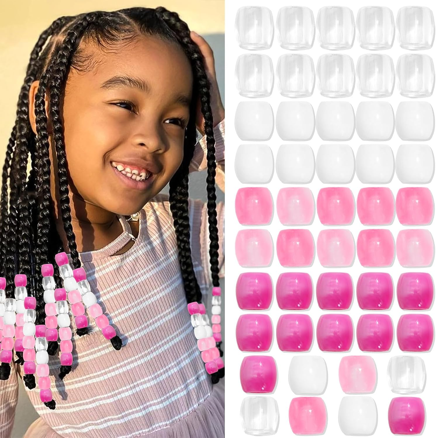 VENOFEN 48 Pink Hair Beads for Dreadlocks, Braids, and Pony Tails - Light Pink, Kids' Girls' Jewelry Making Hair Accessories