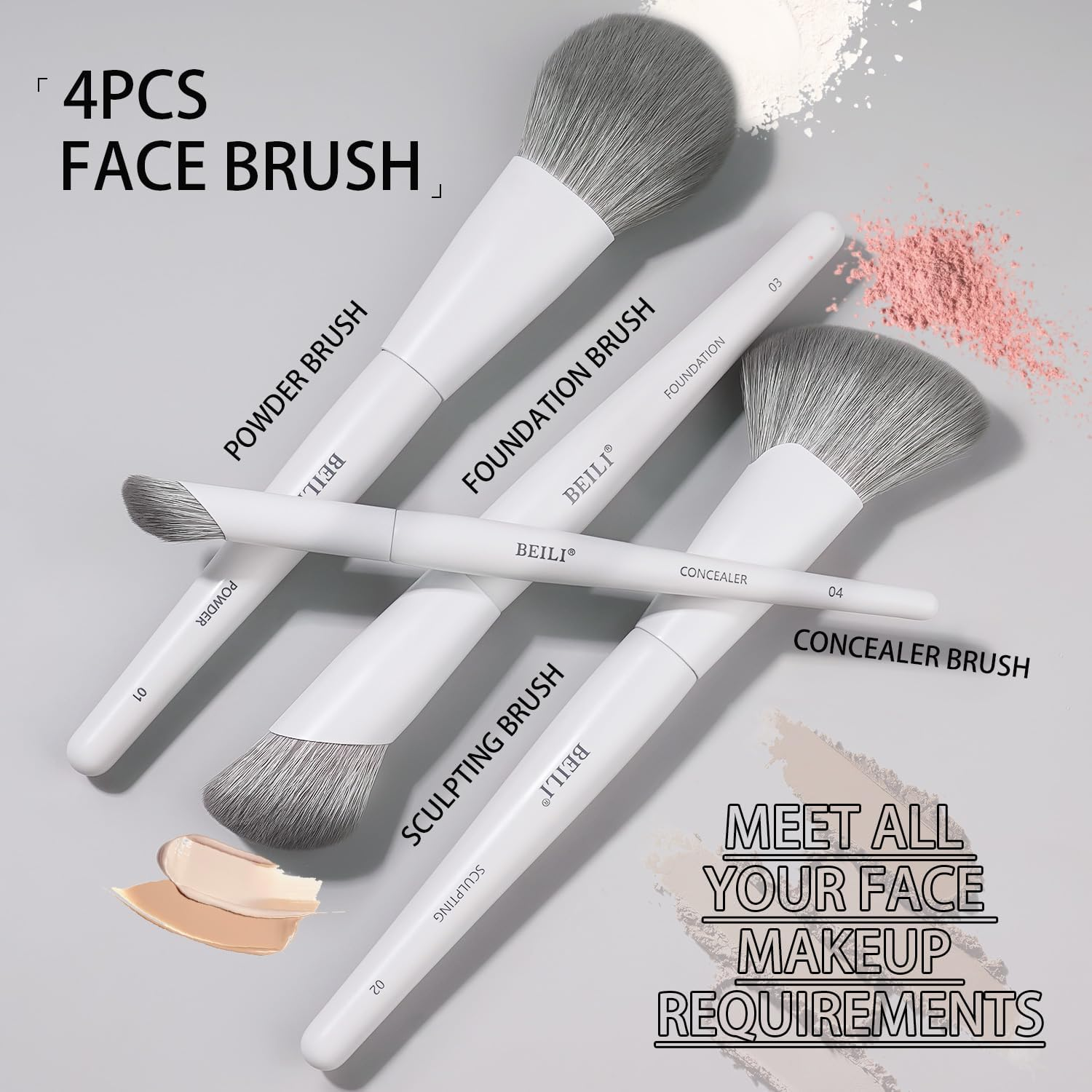 BEILI Makeup Brush Set,White Makeup Brush Set, 12 Vegan Makeup Brushes for Powder Foundation, Concealer, Eyebrows, Eyeshadow, Contour, Eyeliner, Blender Eye Brush (White) image number 6