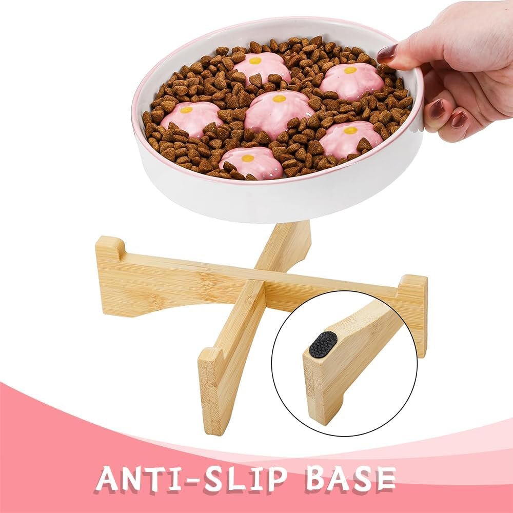 Ceramic Slow-Feed Cat Bowl with Bamboo Stand, Non-Slip Base, Comfortable Feeding, Easy to Clean, Clean and Hygienic, Can Hold Dry Food and Water (Hand-Painted Pink Flowers) image number 1