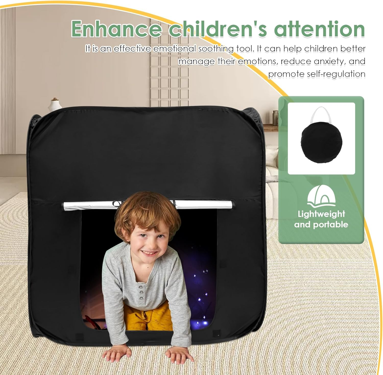 Pop up Black Out Tent, Sensory Calming Hideout, Calming Tent, Portable Foldable Pop up Black Out Tent Lightweight Sensory Calming Hideout Home Calming Tent for Kids Black image number 3