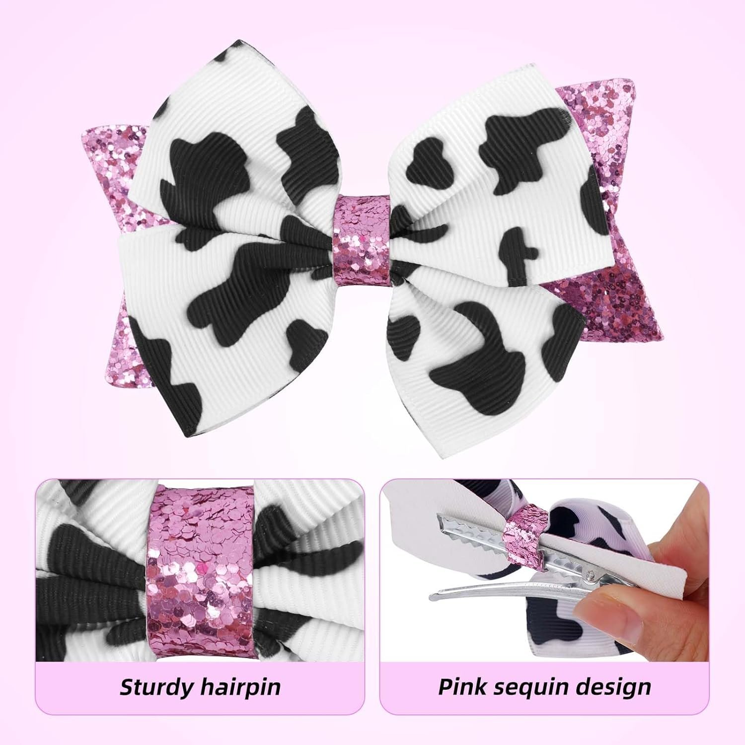 2Pcs Moo Cow Print Hair Bows, Cute Hair Bow Clips Pink Sequins Cow Print Clips Farm Animal Themed Accessories for Girls Women image number 4