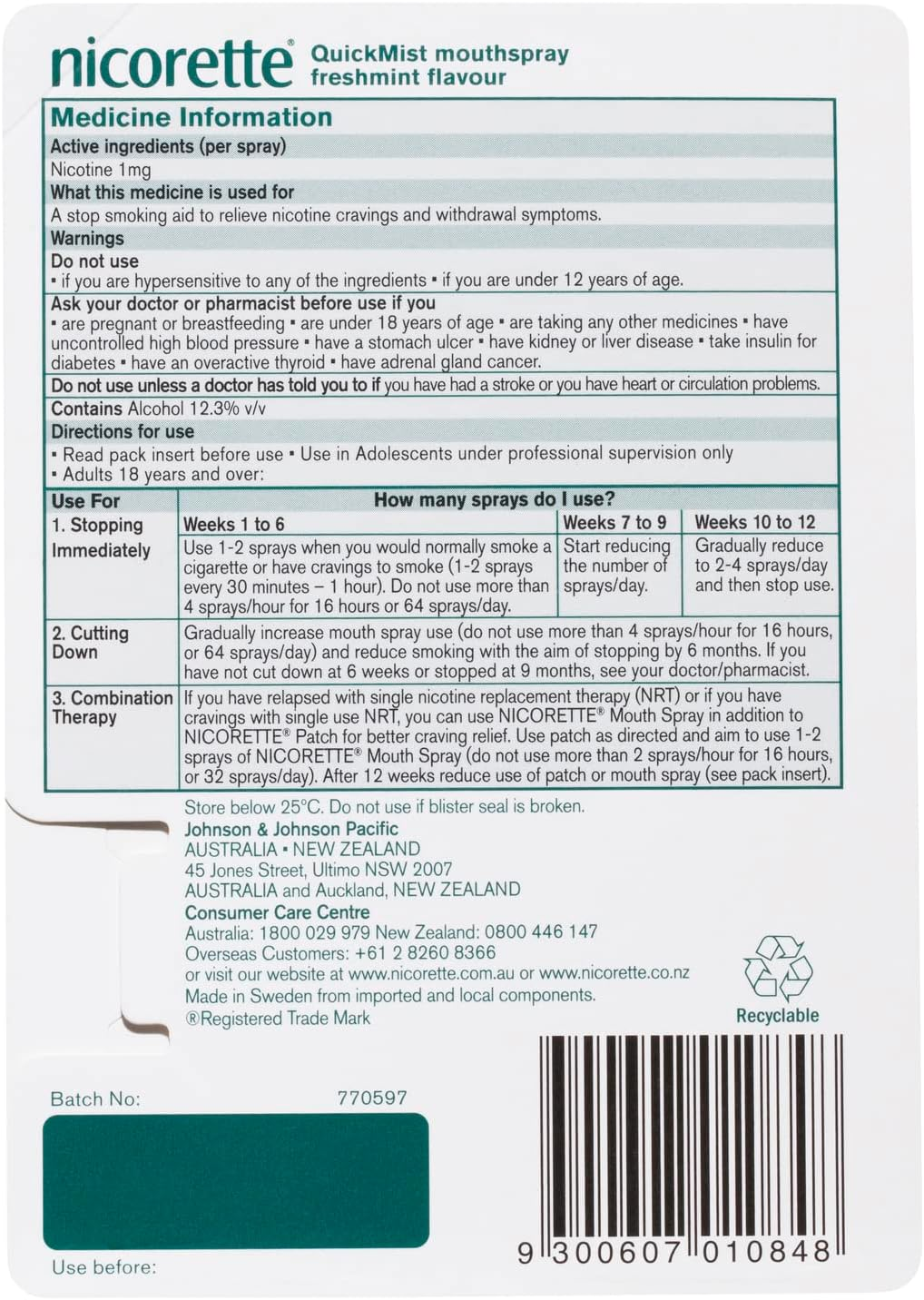 Nicorette Quit Smoking Quickmist Nicotine Mouth Spray Freshmint 150 Pack image number 1