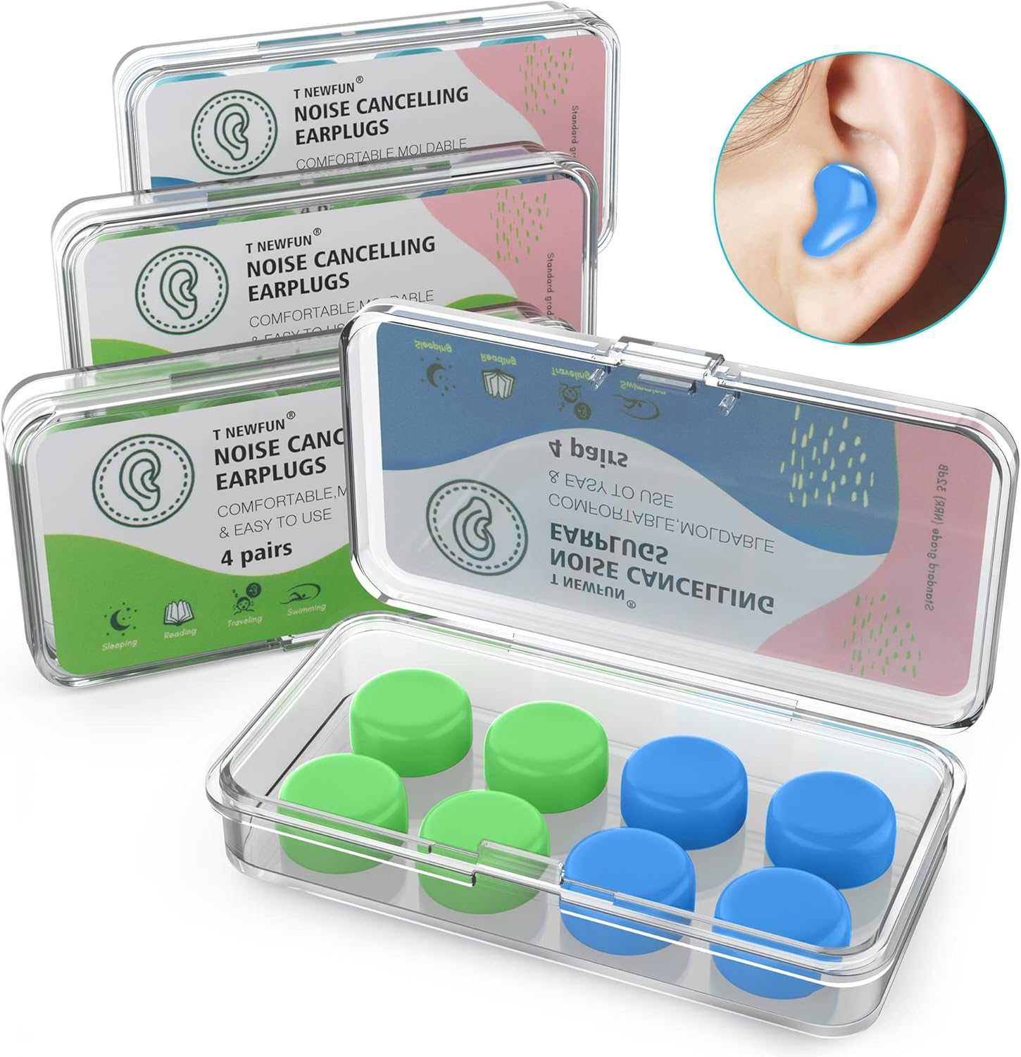 T NEWFUN Ear Plugs for Sleeping Swimming, 32 Reusable Silicone Moldable Noise Cancelling Earplugs for Shooting Range, Swimmers, Snoring, Concerts, Airplanes, Travel, Work, Studying,32 Pillows image number 2