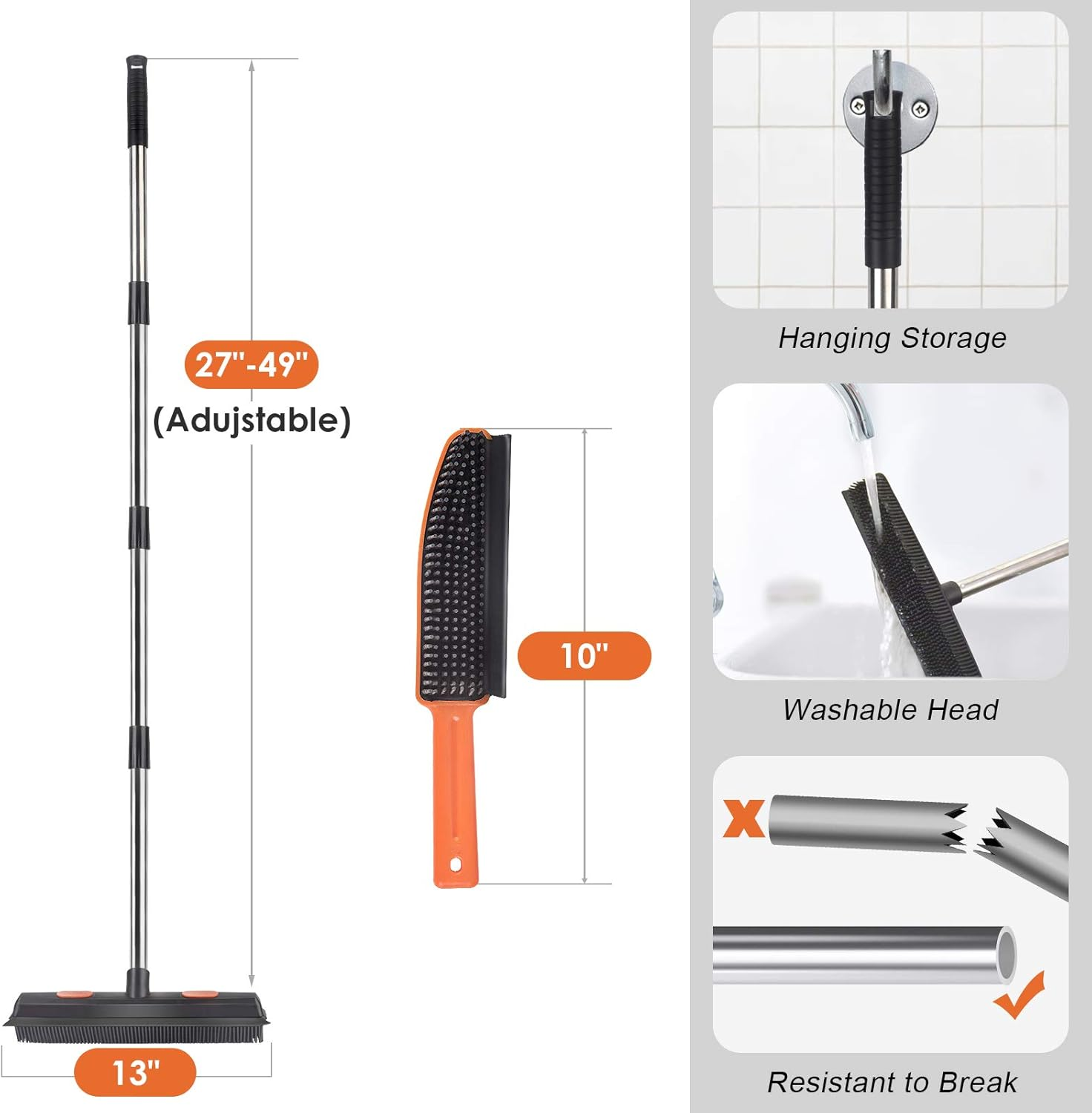 Conliwell Rubber Broom Pet Hair Removal Tool, Carpet Rake Floor Brush with Squeegee Fur, Portable Detailing Lint Remover Brush, Soft Push Broom for Fluff Carpet, Hardwood Floor, Tile, Window image number 5