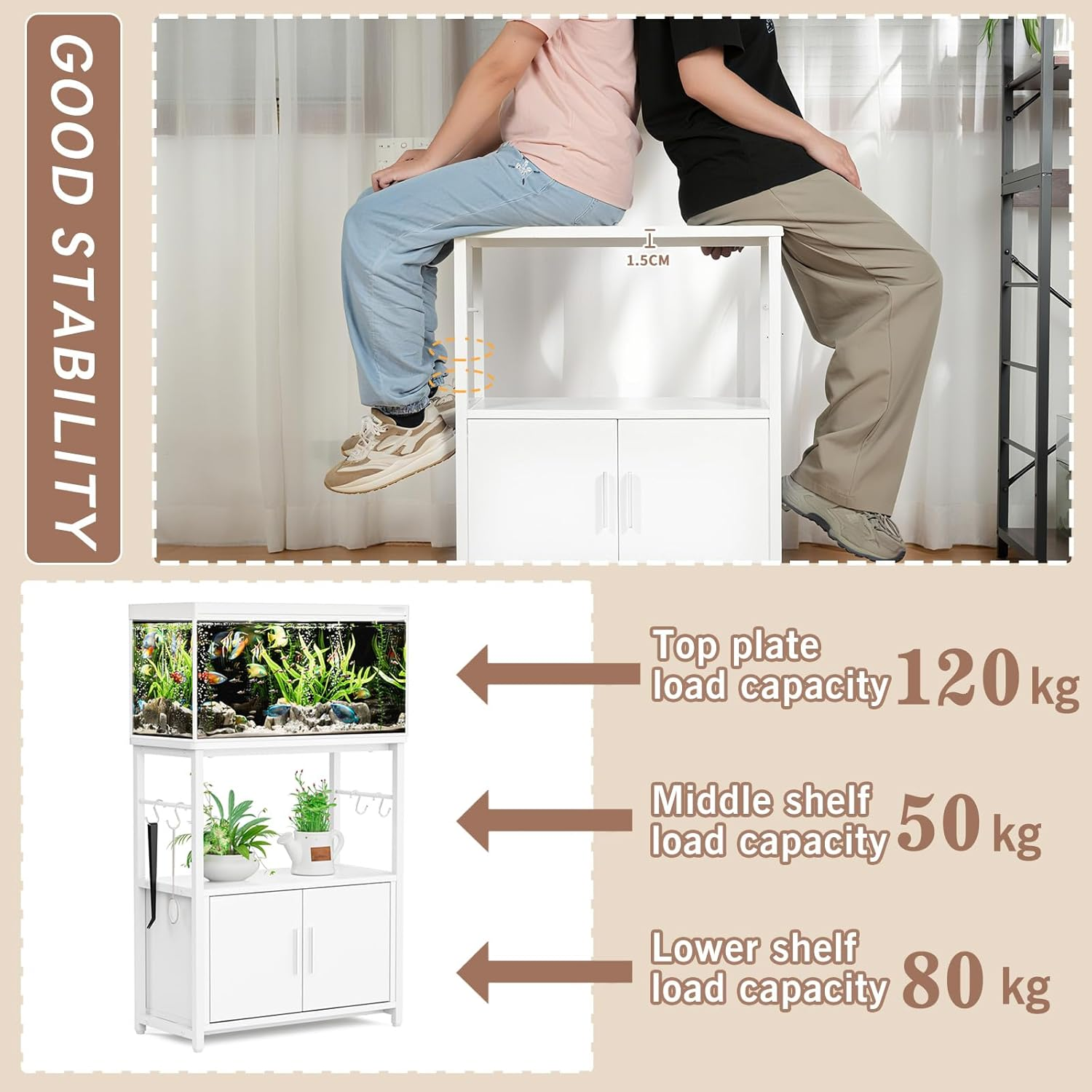 DEWEL Aquarium Stand, Fish Tank Cabinet Stand with 3-Tier Storage, Heavy Duty Terrarium Stand Rack for Home Office, Lbs Load Capacity 60 X 30 X 70Cm (L X W X H), White image number 1