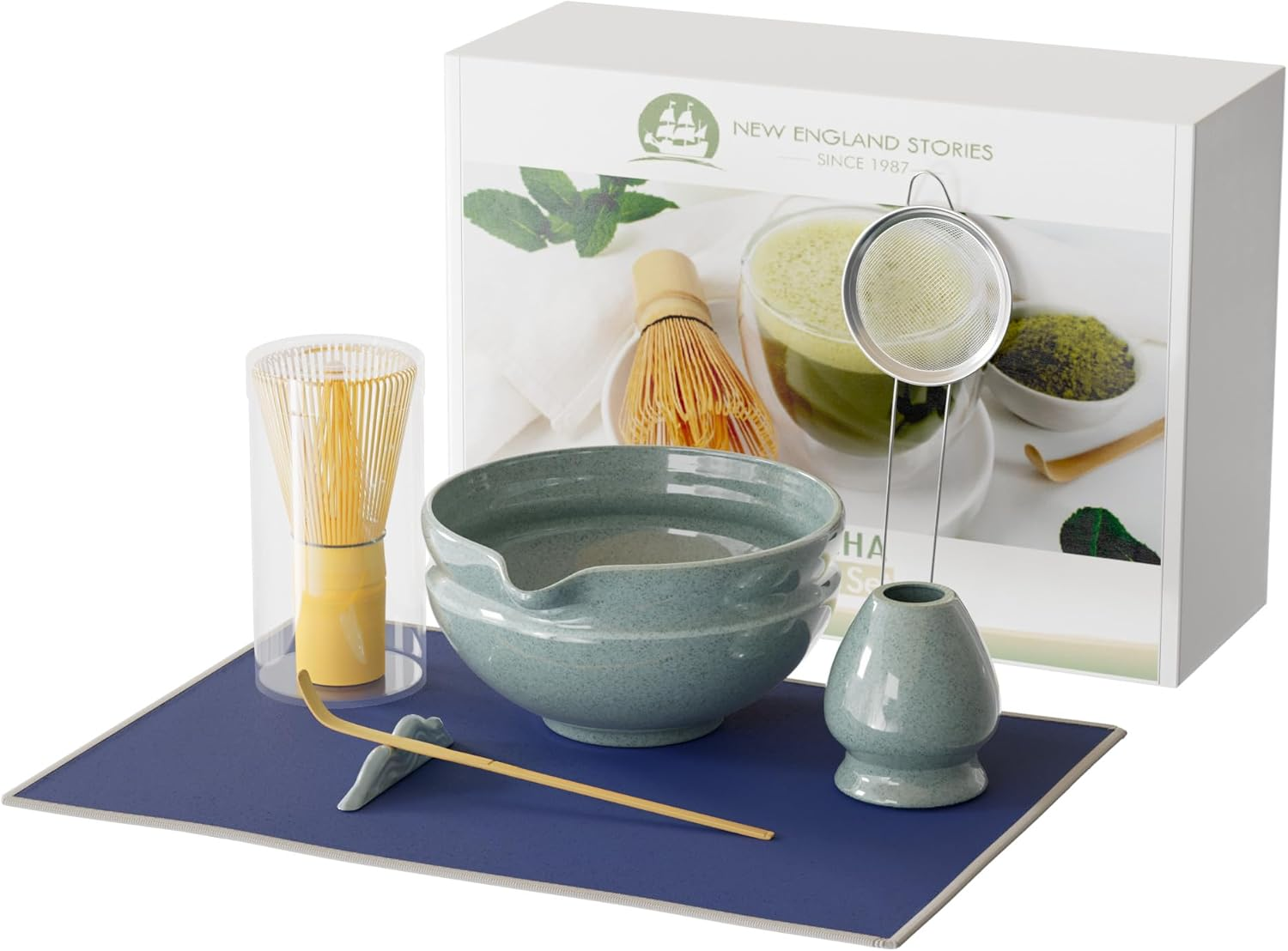 7 Pcs Matcha Whisk Set, Perfect Matcha Kit for Matcha Lovers Includes Ceramic Bowl, Bamboo Whisk, Holder, Scoop, Sifter & Cloth