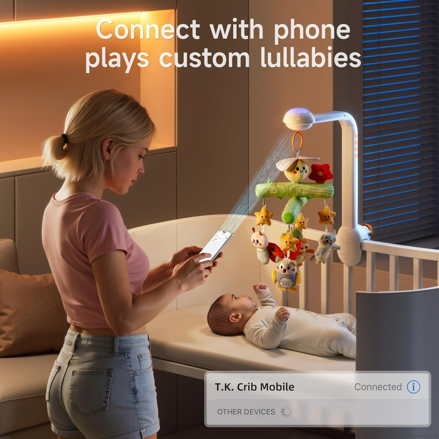 TUMAMA Baby Crib Mobile, Music and White Noise, Mute Spin Motor Nursery Toys with Projection Night Light, Soft Plush Mirror Hanging Toys for 0 Month+ Baby image number 3