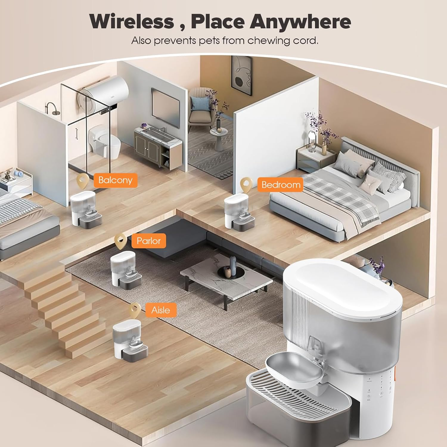 Advwin Smart Wireless Pet Fountain 3.5L, No Filter Needed, Wastewater Separation Fresh Water, with Stainless Steel Bowl, Automatic Water Dispenser for Cats and Small Dogs image number 3