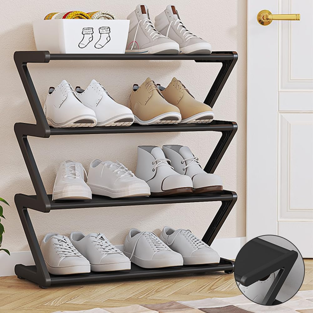 4-Tier Shoe Rack, Stainless Steel Shoe Storage Organizer, Stackable Shoe Tower Free Standing Shoe Shelf for Closet Entryway Balcony Living Room Bedroom (Black) - Black image number 1