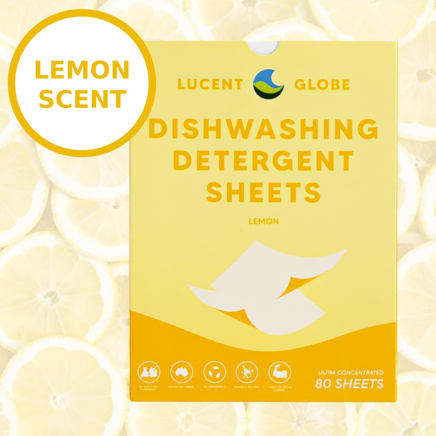 Lucent Globe Dishwasher Dishwashing Detergent Sheets, 160 Washes, Dishwashing Tablets Alternative. Plant-Based, Eco-Friendly, Fully Biodegradable, Plastic Free Packaging (Pack of 160, Lemon)